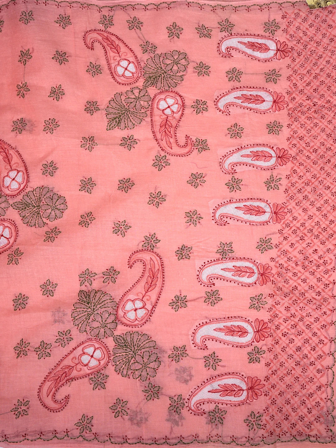 Ada Hand Embroidered Carrot Pink Cotton Lucknowi Chikankari Saree and Blouse 01A891793