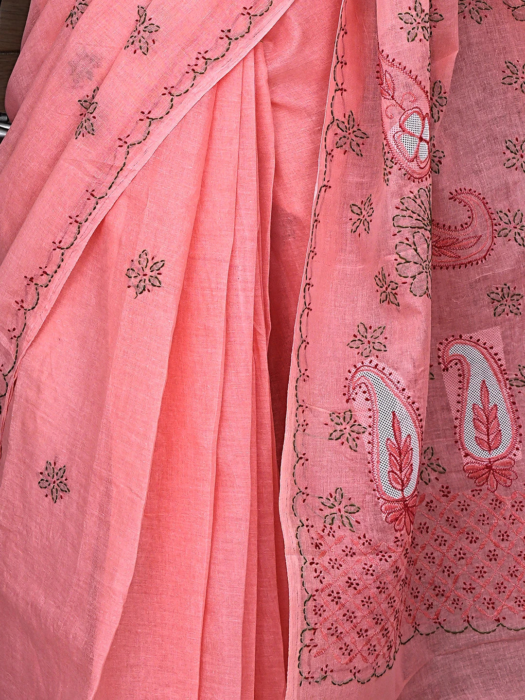 Ada Hand Embroidered Carrot Pink Cotton Lucknowi Chikankari Saree and Blouse 01A891793