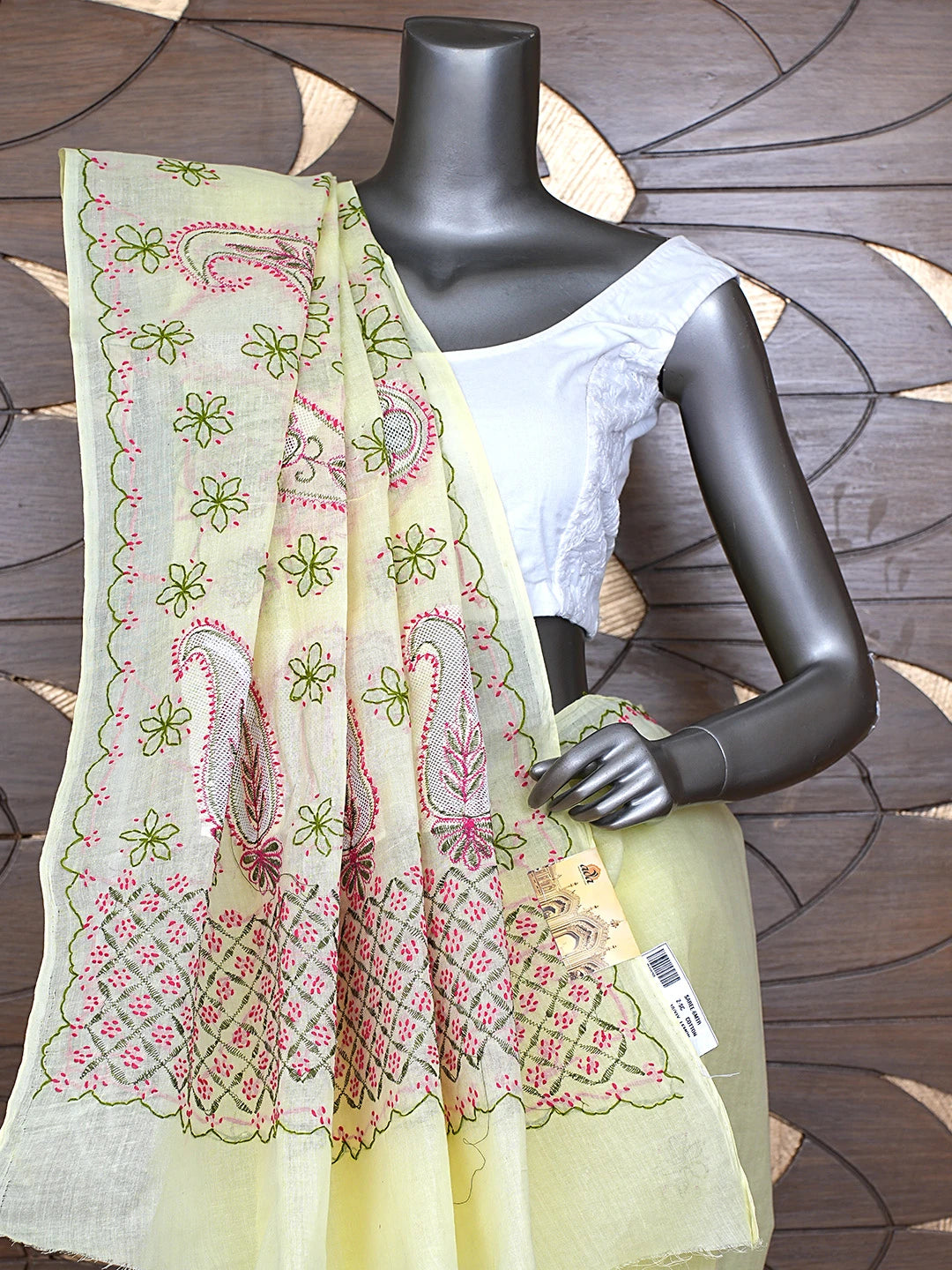 Ada Hand Embroidered Lemon Cotton Lucknowi Chikankari Saree and Blouse 01A891799