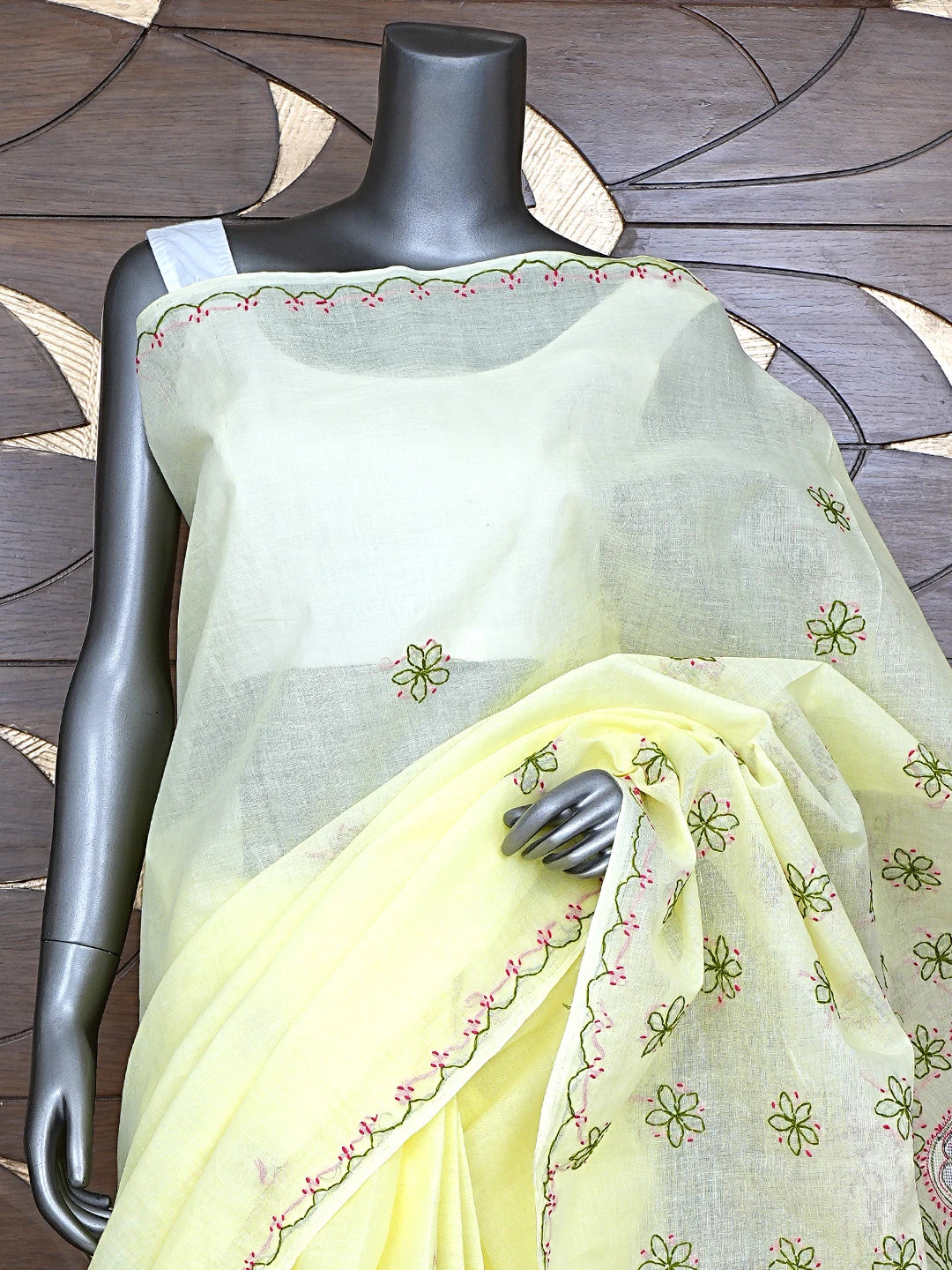 Ada Hand Embroidered Lemon Cotton Lucknowi Chikankari Saree and Blouse 01A891799