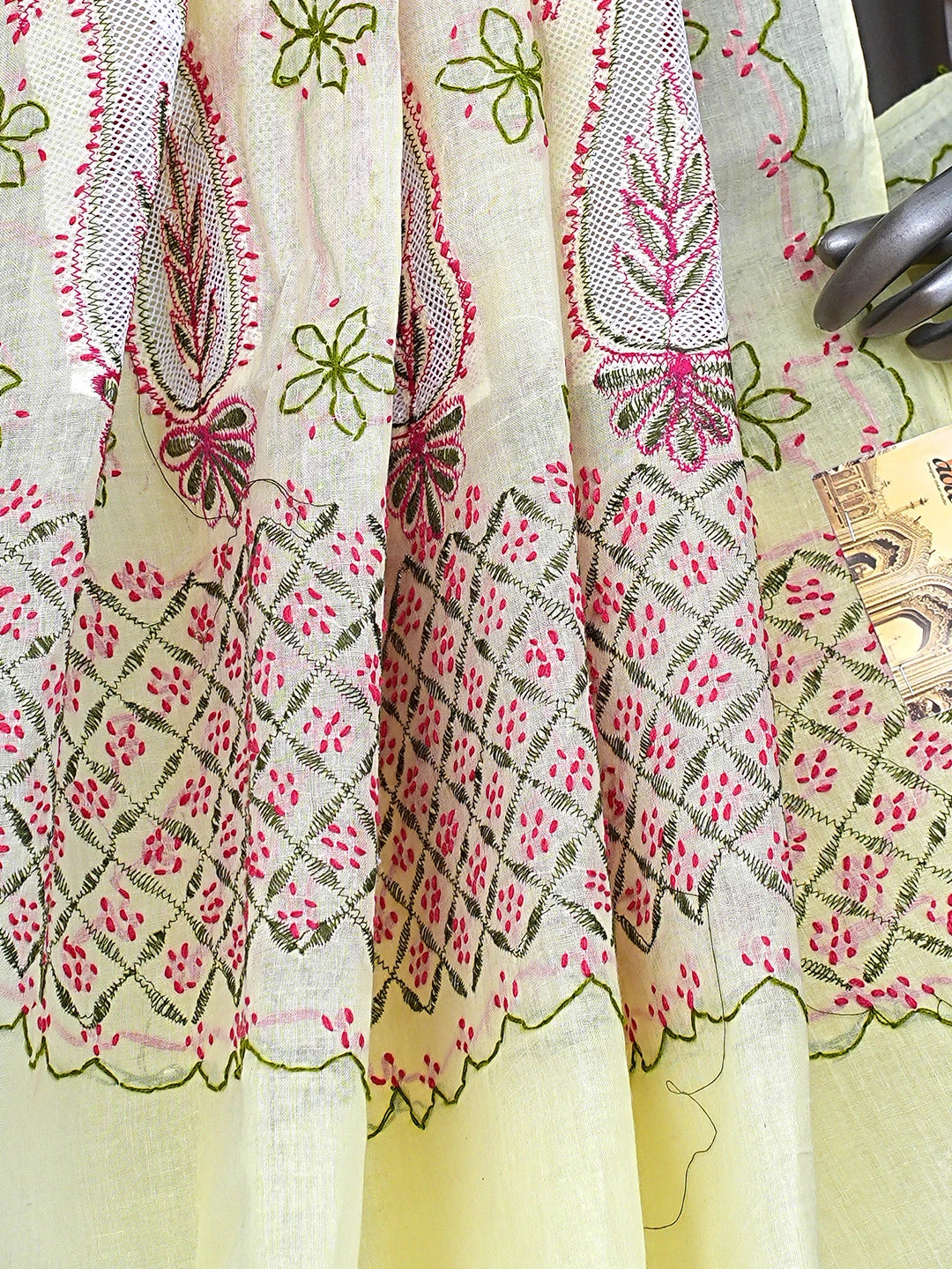 Ada Hand Embroidered Lemon Cotton Lucknowi Chikankari Saree and Blouse 01A891799