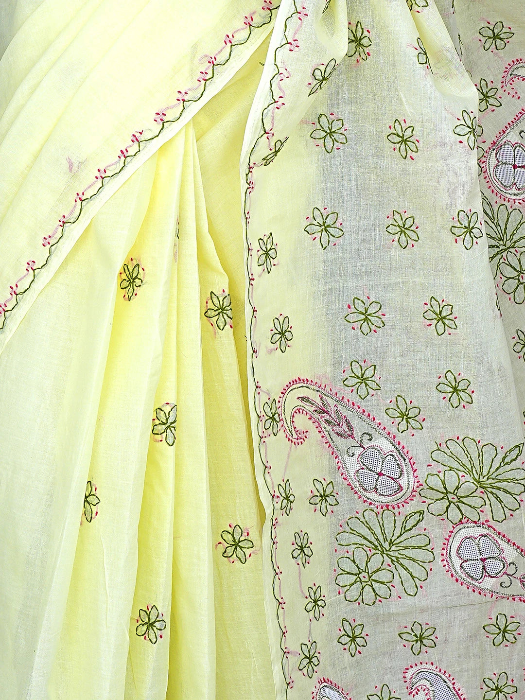 Ada Hand Embroidered Lemon Cotton Lucknowi Chikankari Saree and Blouse 01A891799