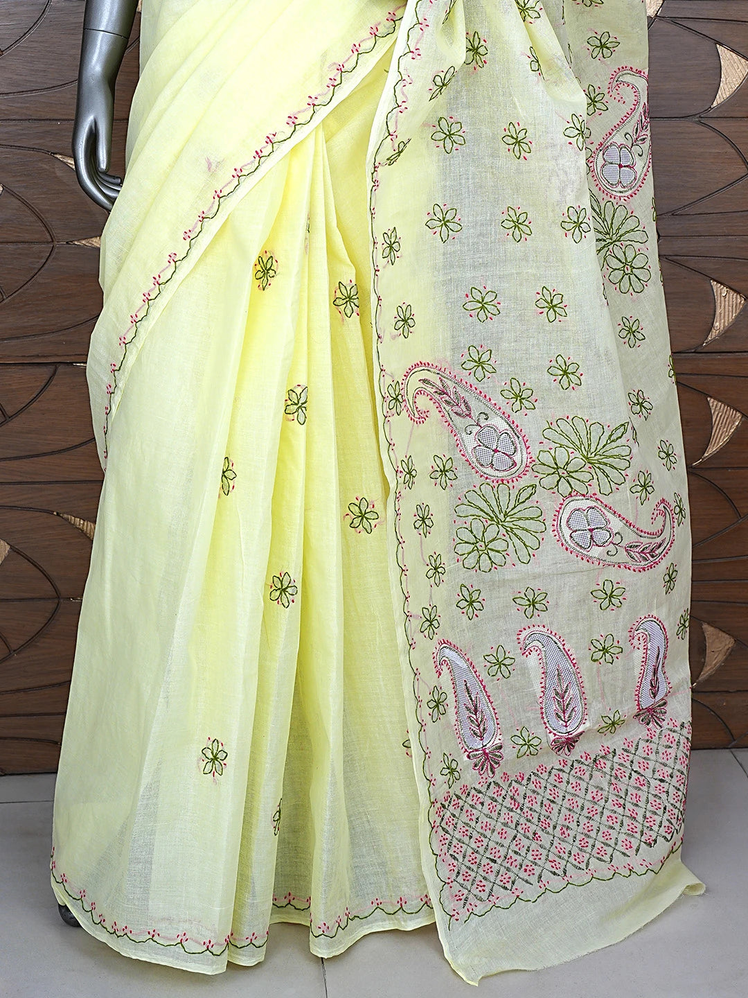 Ada Hand Embroidered Lemon Cotton Lucknowi Chikankari Saree and Blouse 01A891799