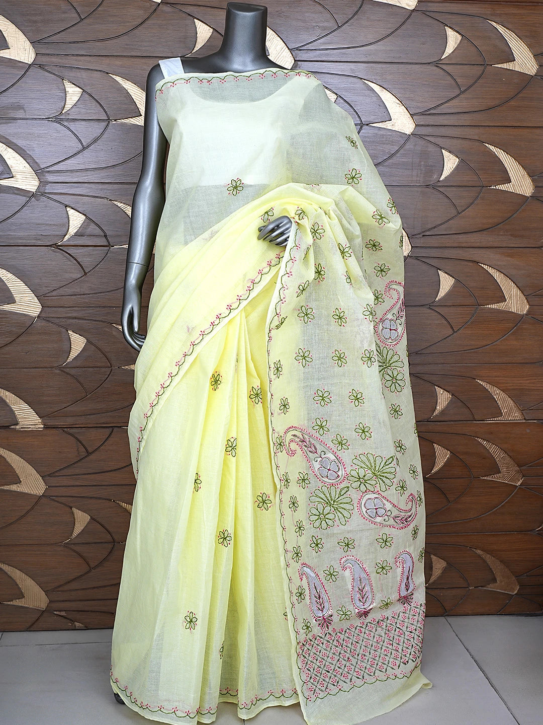 Ada Hand Embroidered Lemon Cotton Lucknowi Chikankari Saree and Blouse 01A891799