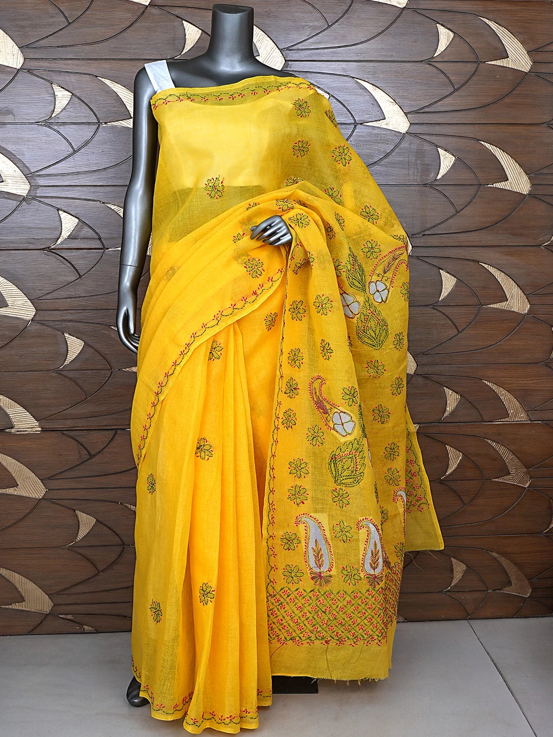 Ada Hand Embroidered Yellow Cotton Lucknowi Chikankari Saree and Blouse 01A891781