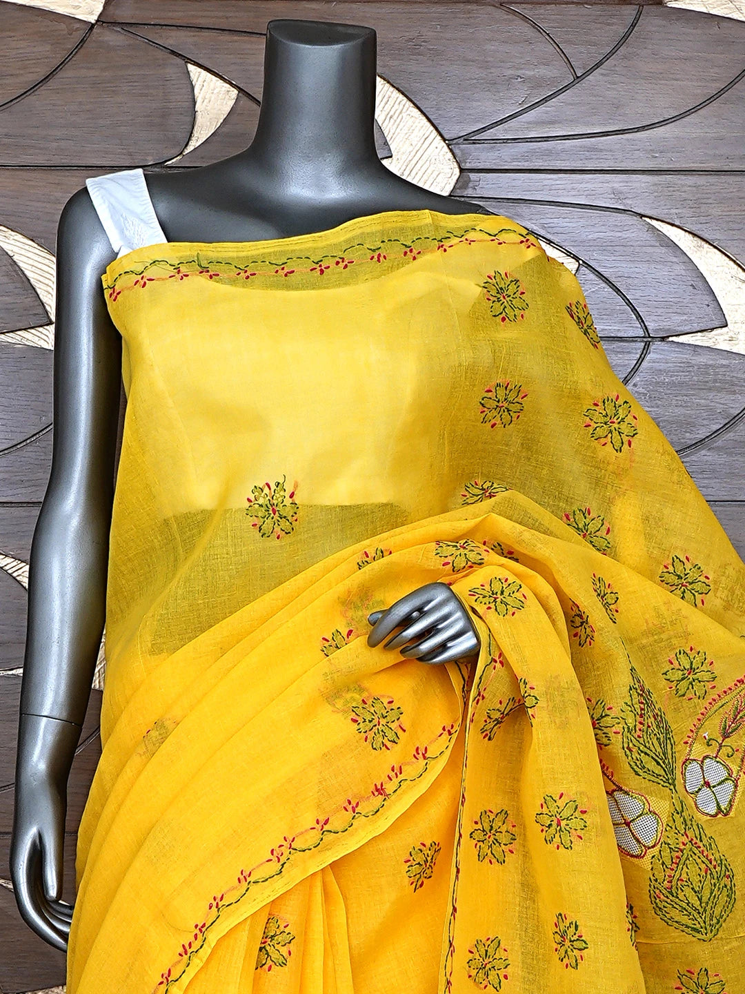 Ada Hand Embroidered Yellow Cotton Lucknowi Chikankari Saree and Blouse 01A891781