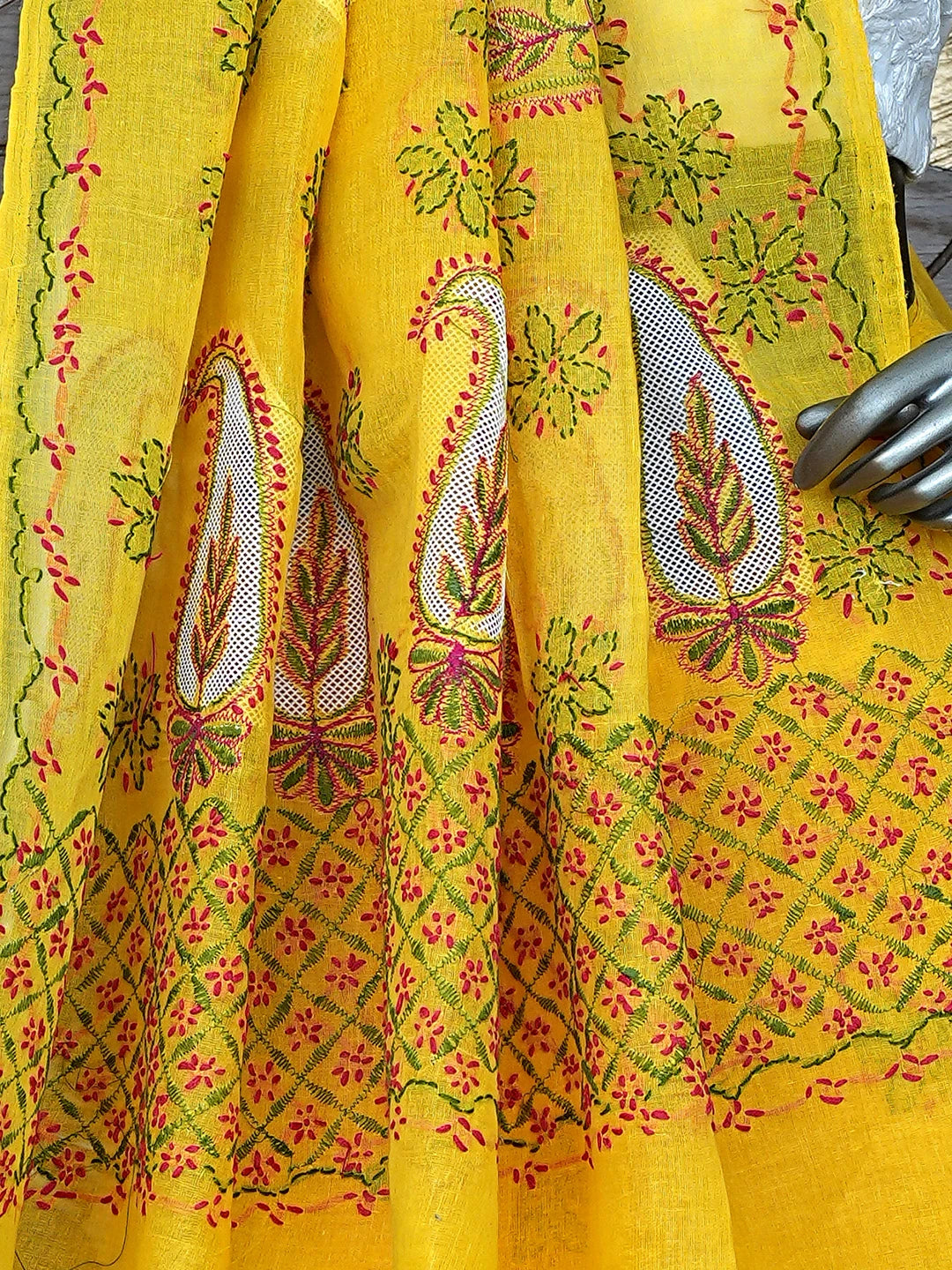 Ada Hand Embroidered Yellow Cotton Lucknowi Chikankari Saree and Blouse 01A891781