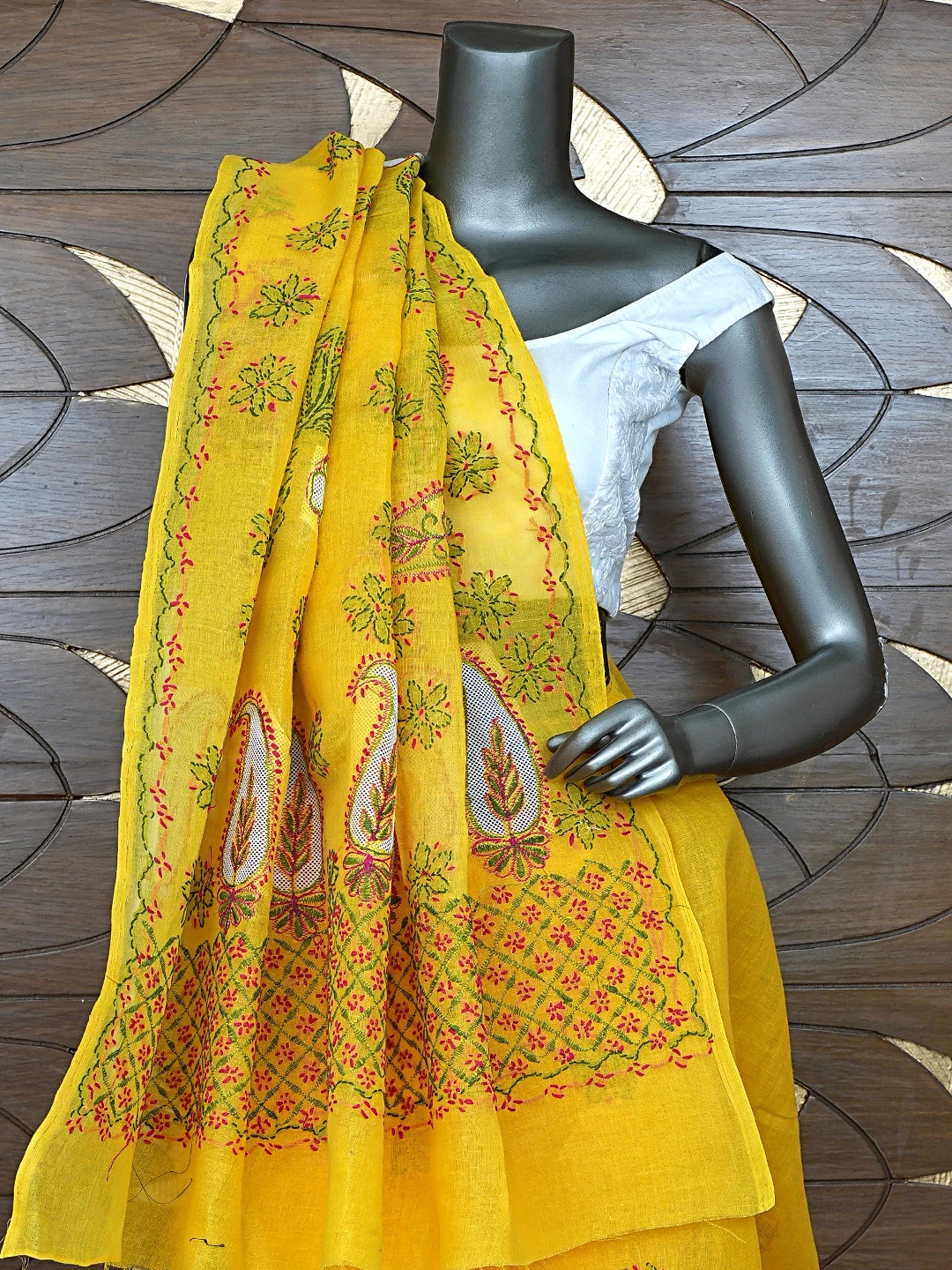 Ada Hand Embroidered Yellow Cotton Lucknowi Chikankari Saree and Blouse 01A891781