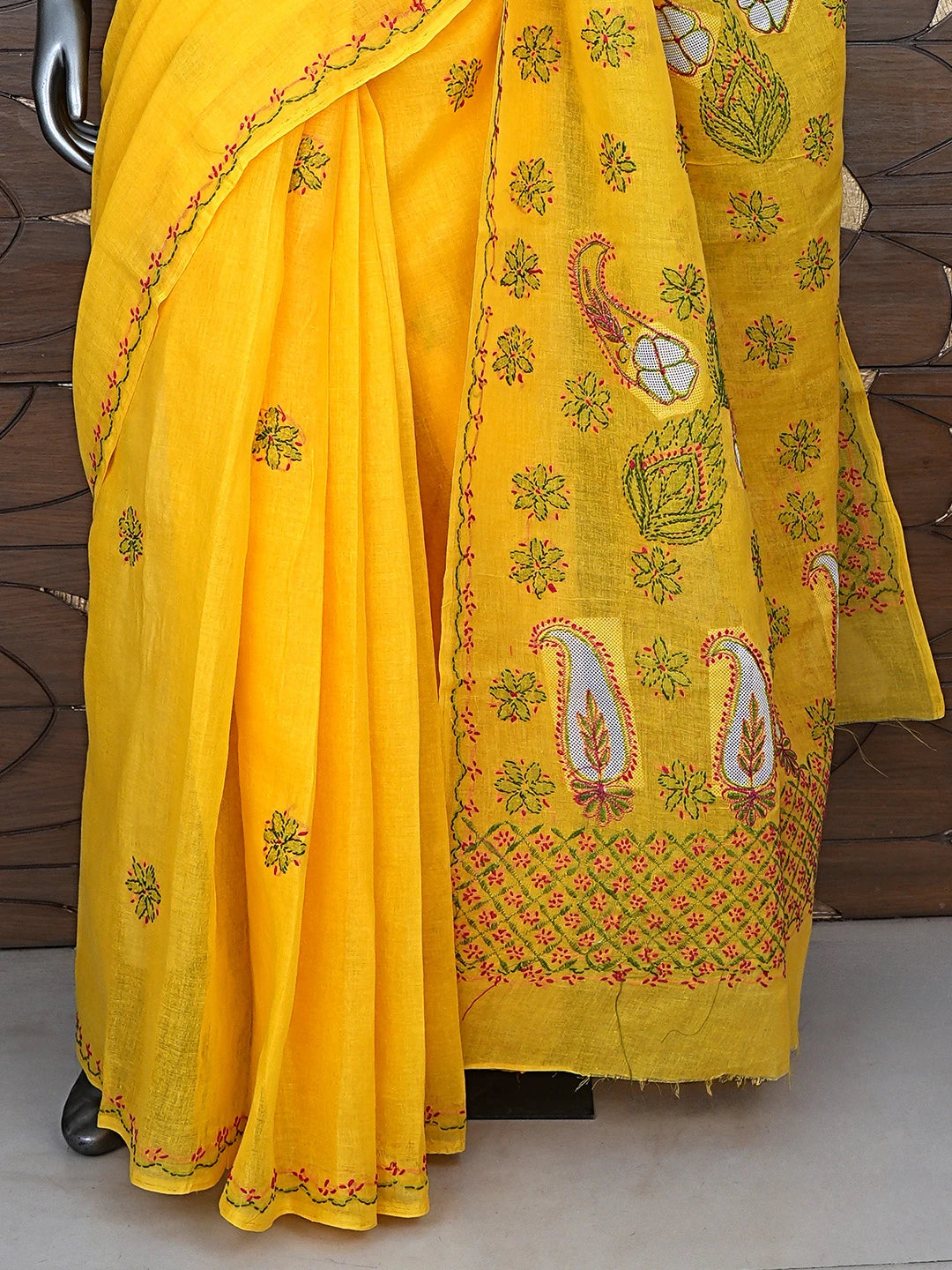 Ada Hand Embroidered Yellow Cotton Lucknowi Chikankari Saree and Blouse 01A891781