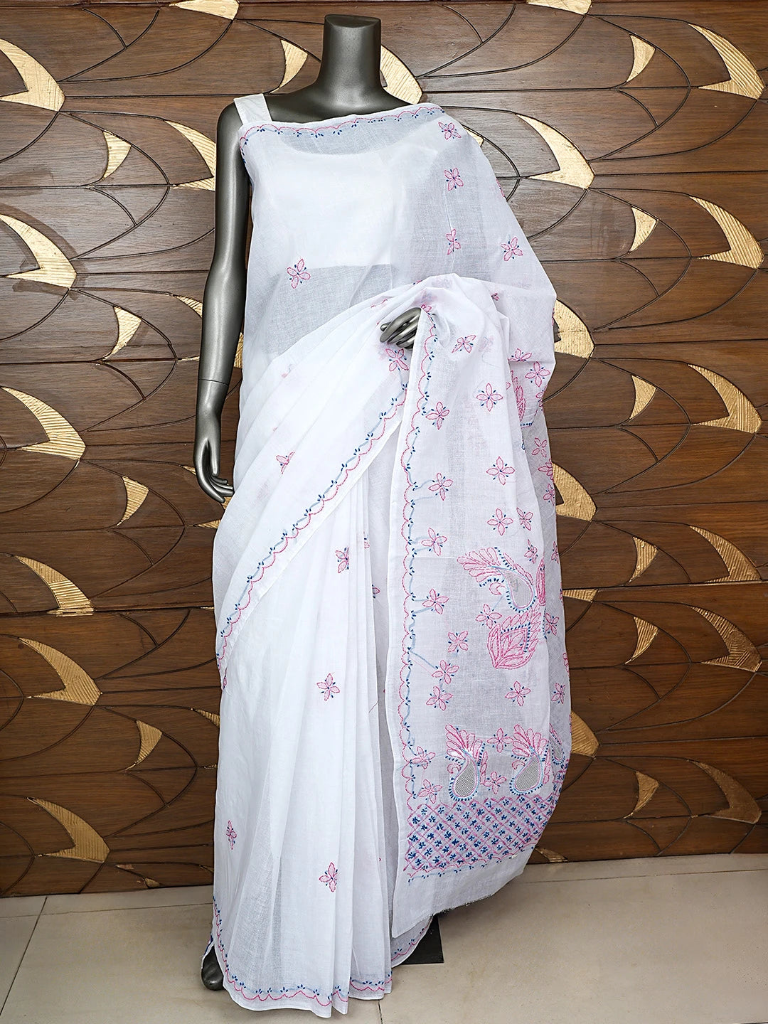Ada Hand Embroidered White Cotton Lucknowi Chikankari Saree and Blouse 01A891804