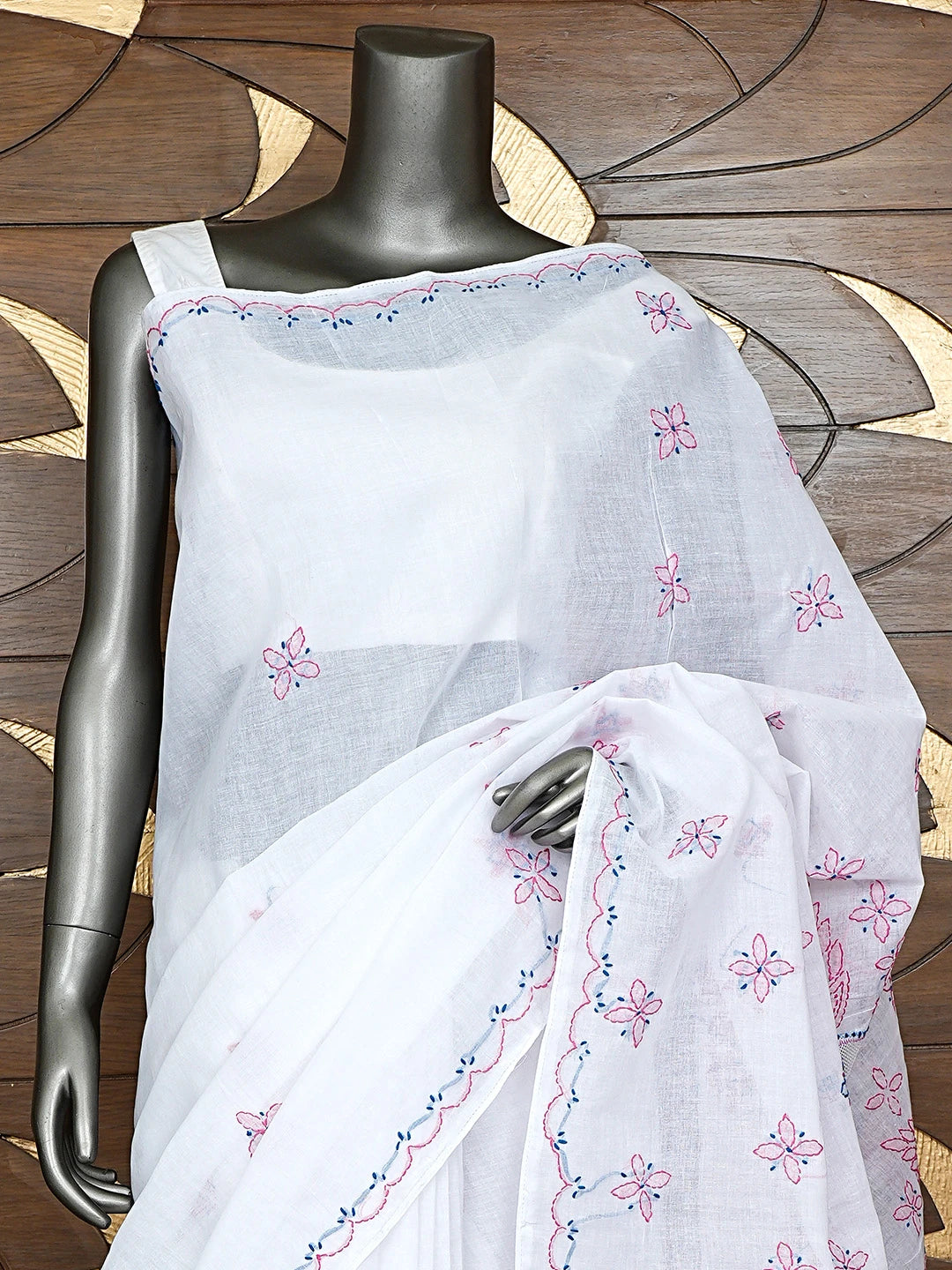 Ada Hand Embroidered White Cotton Lucknowi Chikankari Saree and Blouse 01A891804