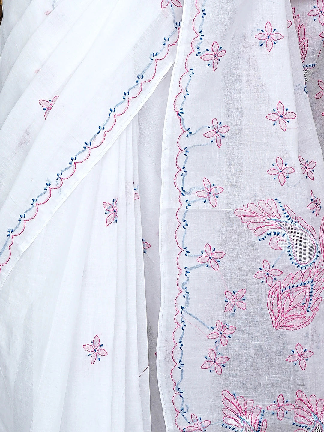 Ada Hand Embroidered White Cotton Lucknowi Chikankari Saree and Blouse 01A891804