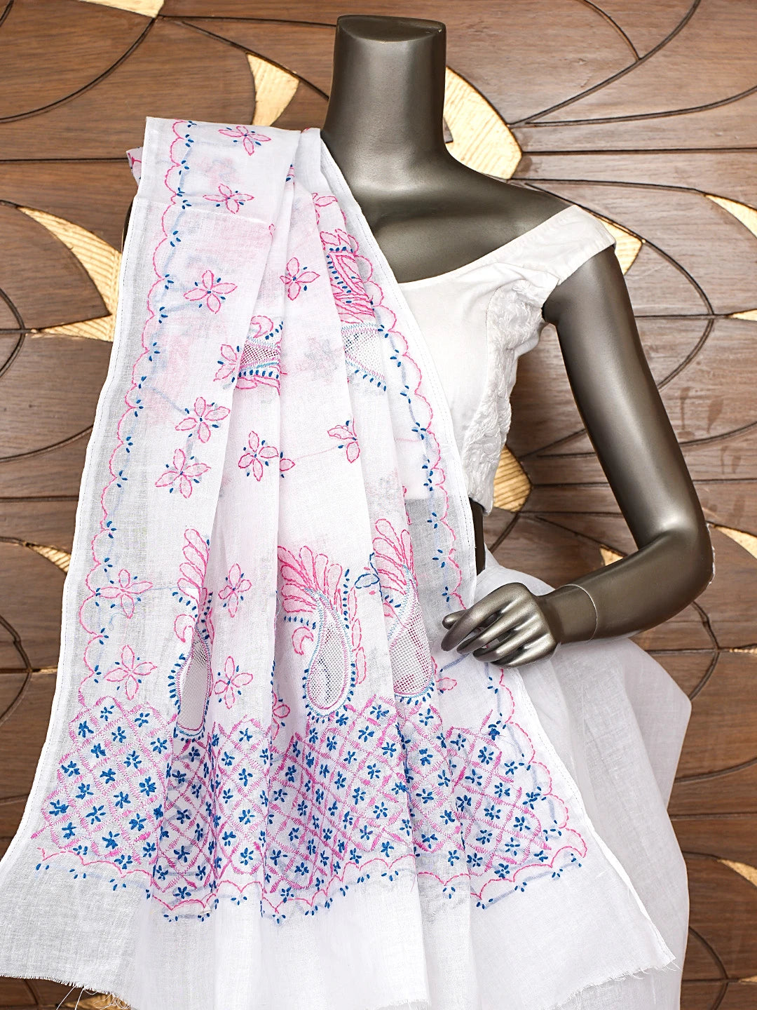 Ada Hand Embroidered White Cotton Lucknowi Chikankari Saree and Blouse 01A891804