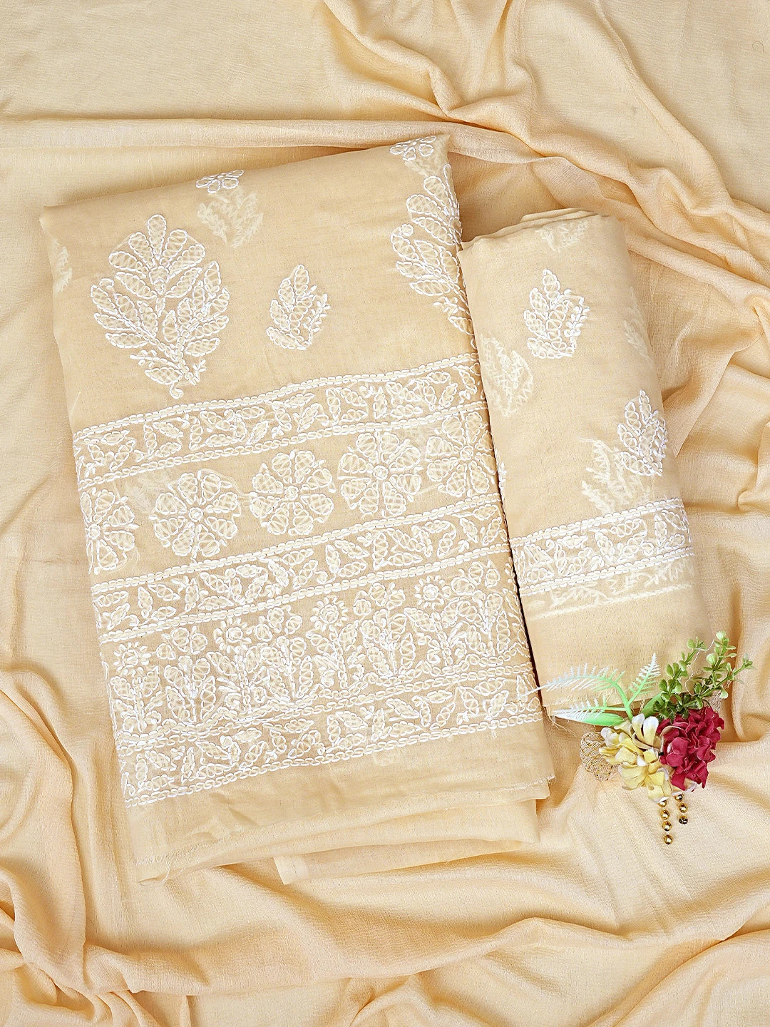 Ada Hand Embroidered Fawn Cotton Lucknowi Chikankari Unstitched Suit Piece 01A853618
