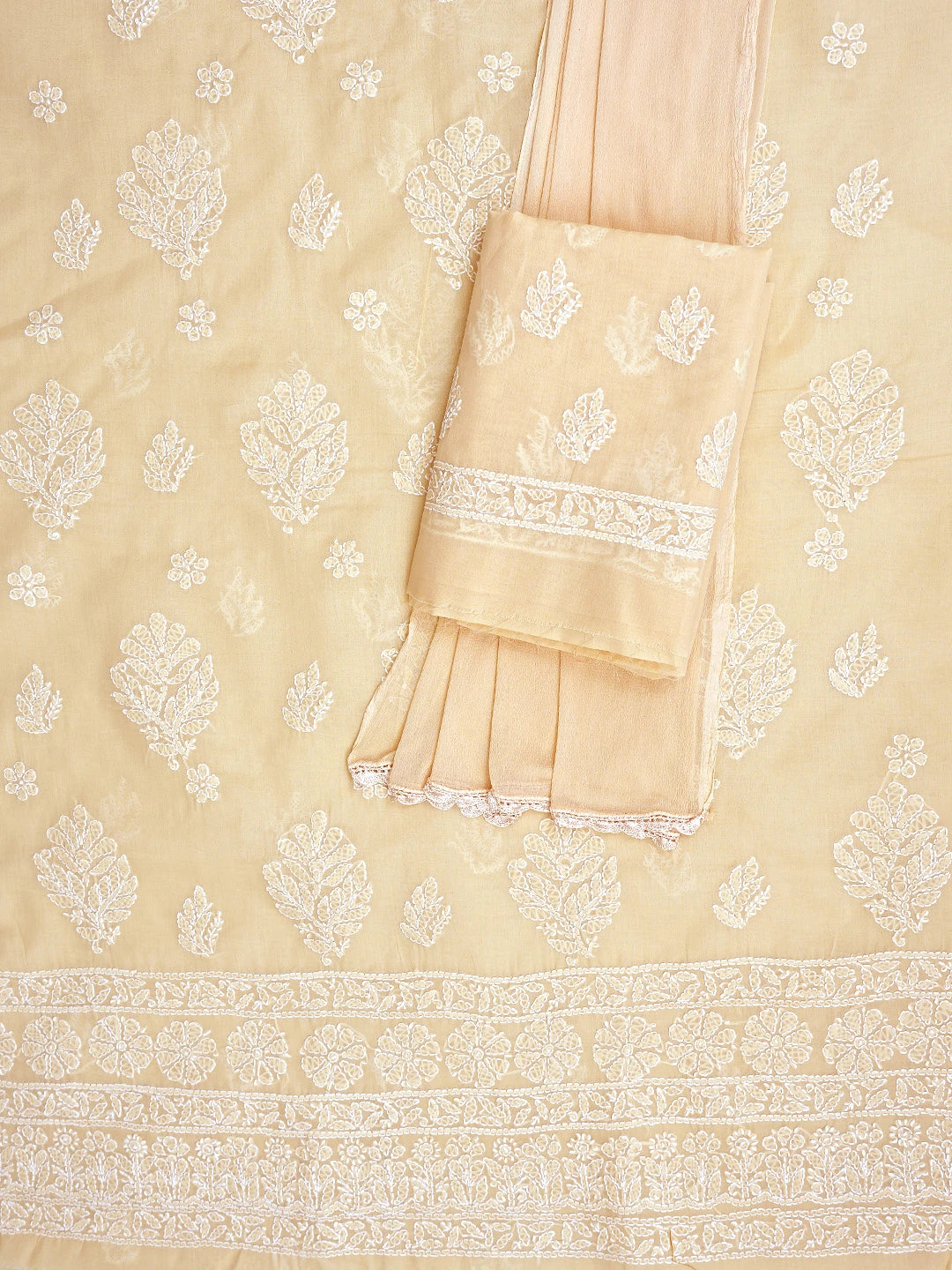 Ada Hand Embroidered Fawn Cotton Lucknowi Chikankari Unstitched Suit Piece 01A853618
