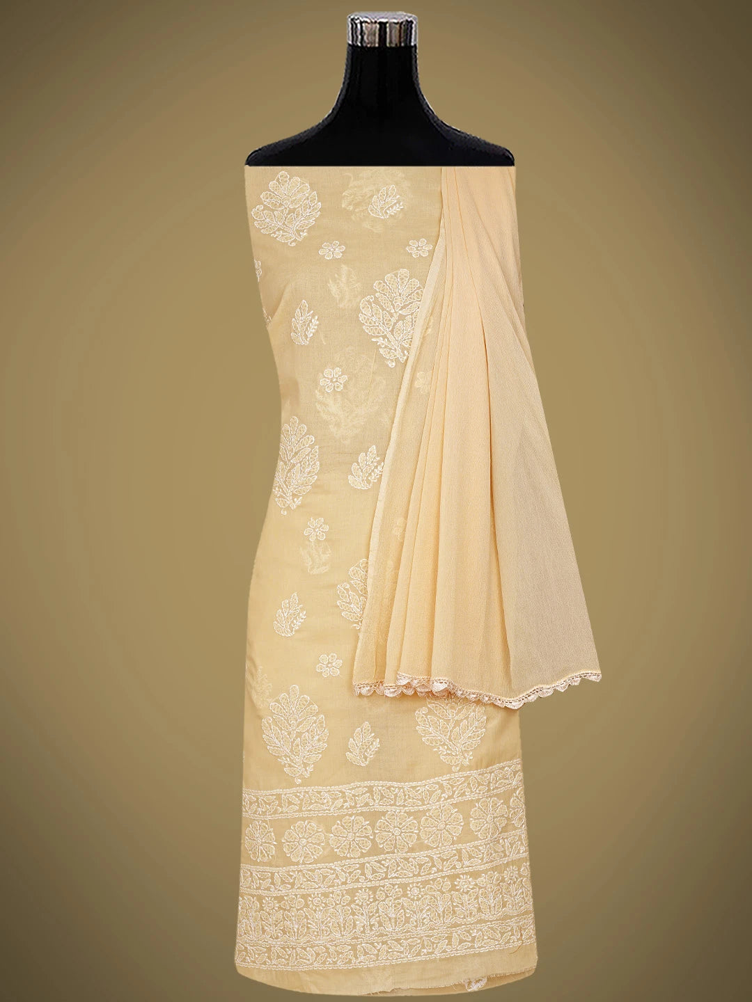Ada Hand Embroidered Fawn Cotton Lucknowi Chikankari Unstitched Suit Piece 01A853618