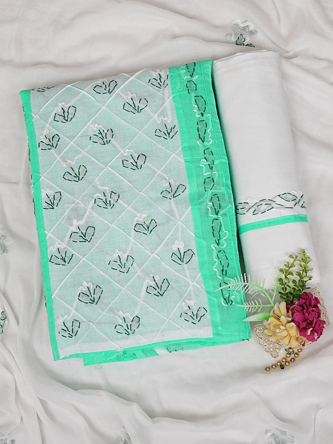 Ada Hand Embroidered Sea Green Cotton Lucknowi Chikankari Unstitched Suit Piece 01A883315