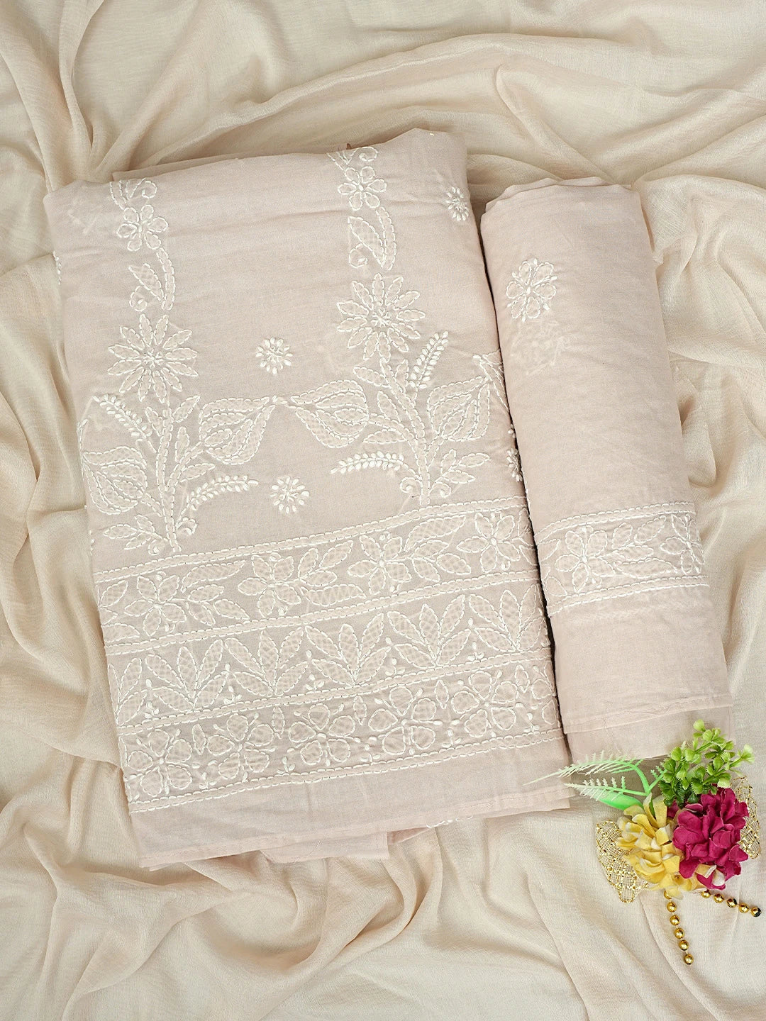 Ada Hand Embroidered Chic Peach Cotton Lucknowi Chikankari Unstitched Suit Piece 01A881415