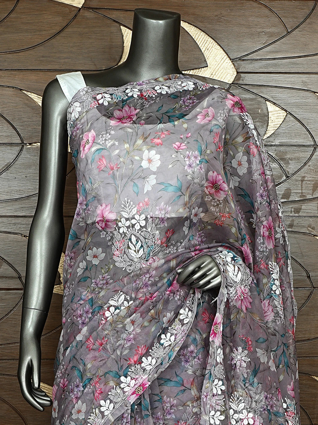 Ada Hand Embroidered Floral Printed Grey Organza Lucknowi Chikankari Saree and Blouse 01A897876