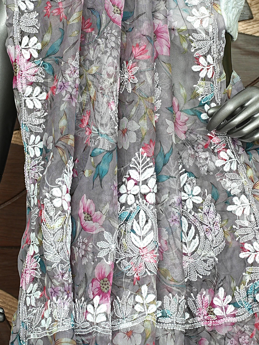 Ada Hand Embroidered Floral Printed Grey Organza Lucknowi Chikankari Saree and Blouse 01A897876