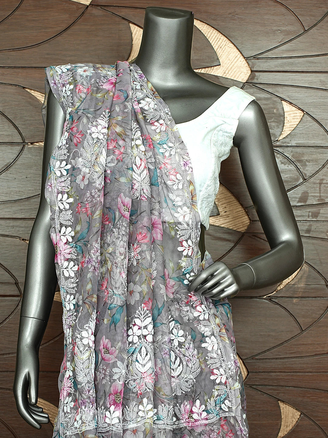 Ada Hand Embroidered Floral Printed Grey Organza Lucknowi Chikankari Saree and Blouse 01A897876