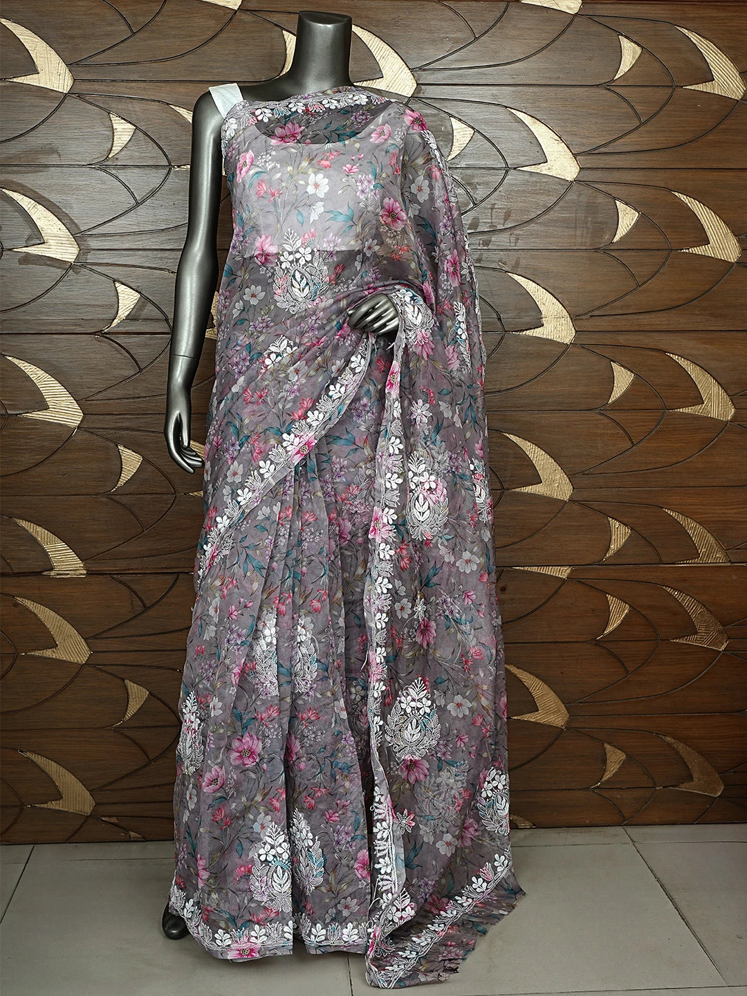 Ada Hand Embroidered Floral Printed Grey Organza Lucknowi Chikankari Saree and Blouse 01A897876