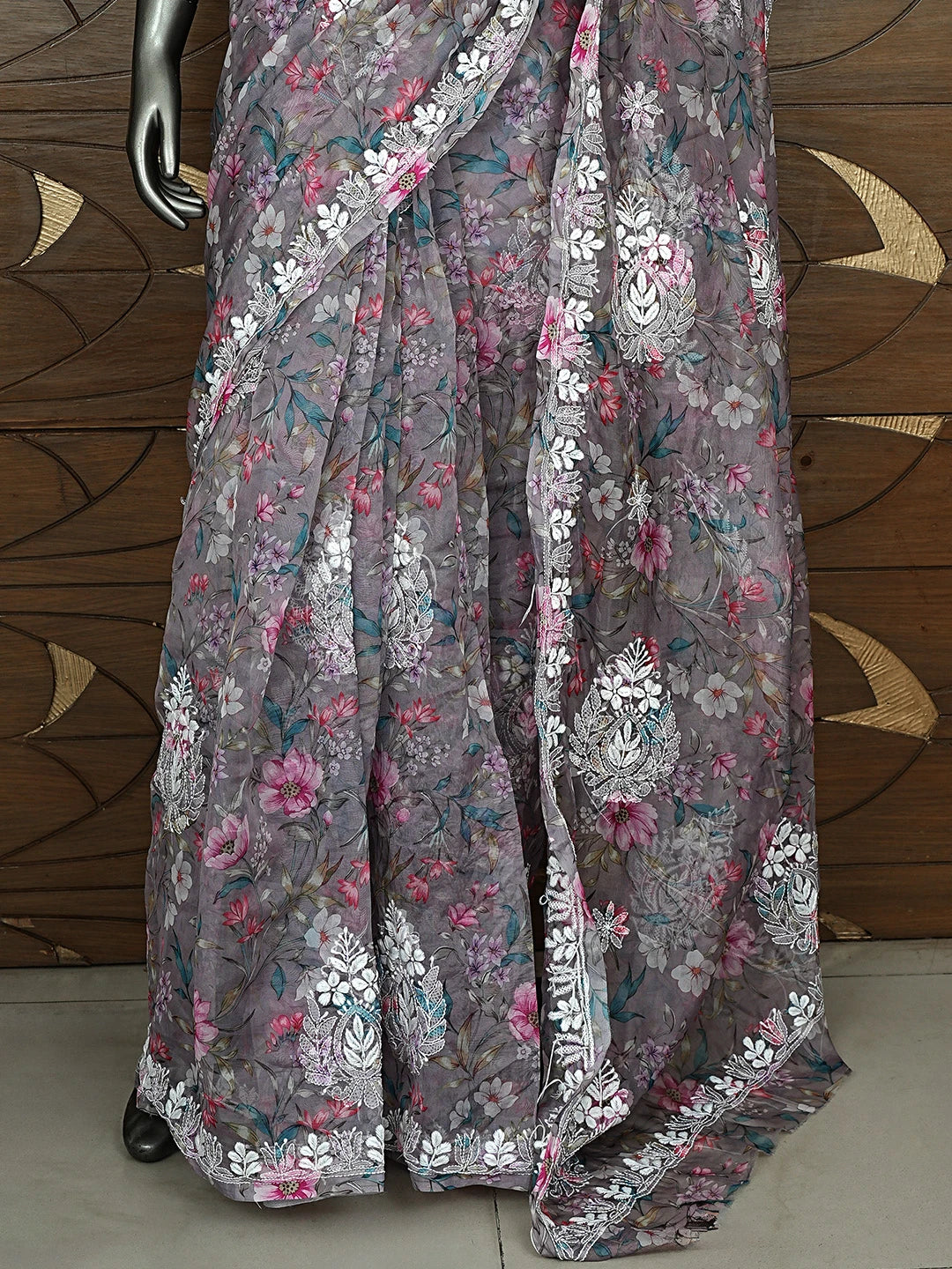 Ada Hand Embroidered Floral Printed Grey Organza Lucknowi Chikankari Saree and Blouse 01A897876
