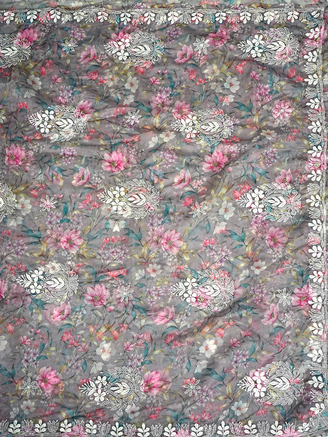 Ada Hand Embroidered Floral Printed Grey Organza Lucknowi Chikankari Saree and Blouse 01A897876