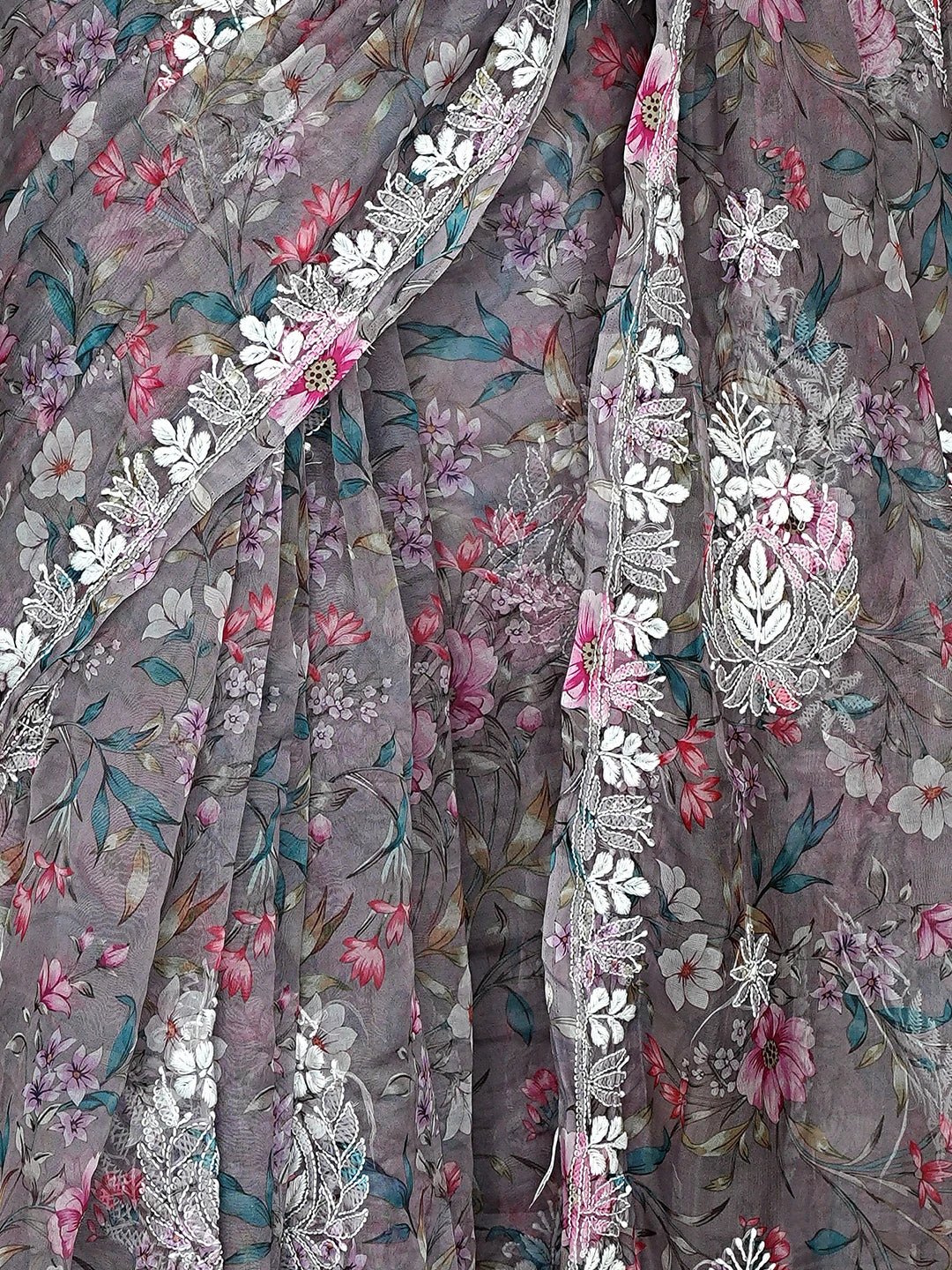 Ada Hand Embroidered Floral Printed Grey Organza Lucknowi Chikankari Saree and Blouse 01A897876