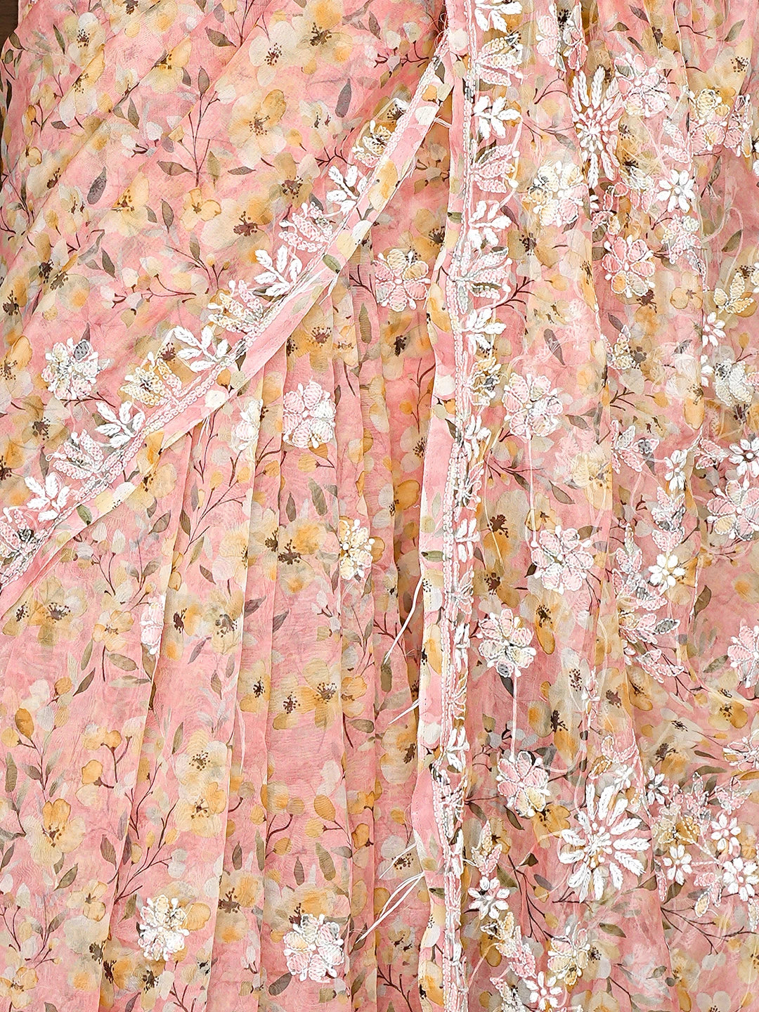 Ada Hand Embroidered Floral Printed Peach Organza Lucknowi Chikankari Saree and Blouse 01A898067
