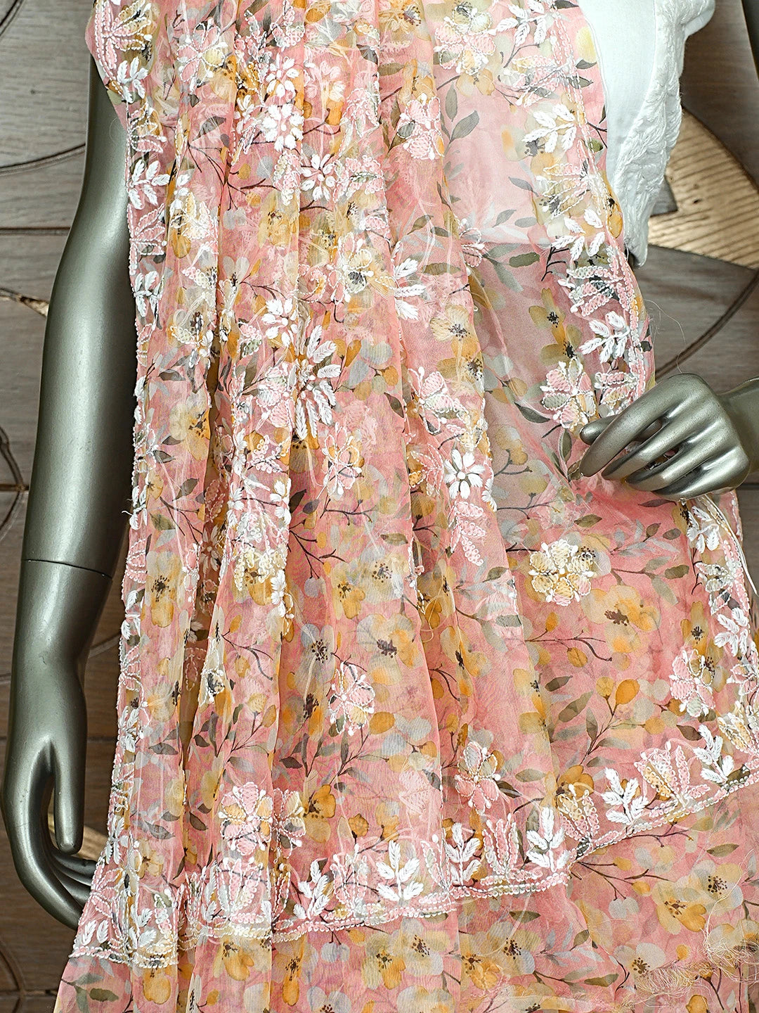 Ada Hand Embroidered Floral Printed Peach Organza Lucknowi Chikankari Saree and Blouse 01A898067
