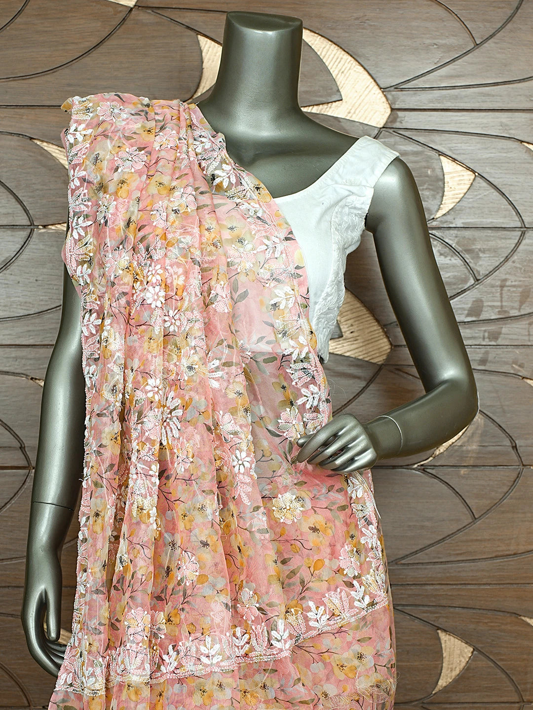Ada Hand Embroidered Floral Printed Peach Organza Lucknowi Chikankari Saree and Blouse 01A898067