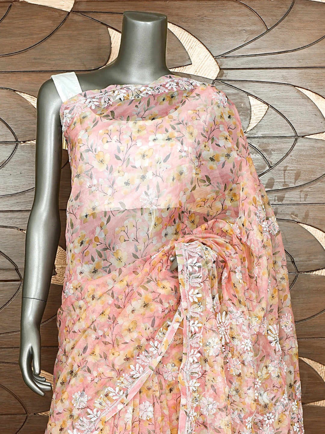 Ada Hand Embroidered Floral Printed Peach Organza Lucknowi Chikankari Saree and Blouse 01A898067