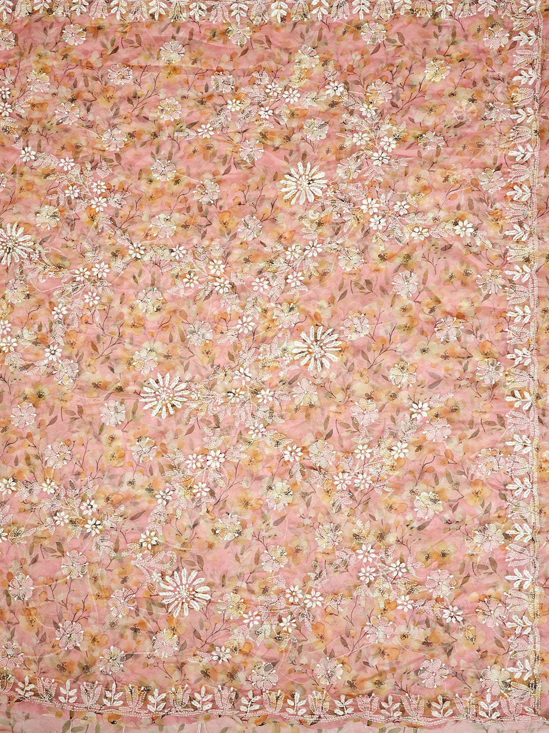 Ada Hand Embroidered Floral Printed Peach Organza Lucknowi Chikankari Saree and Blouse 01A898067