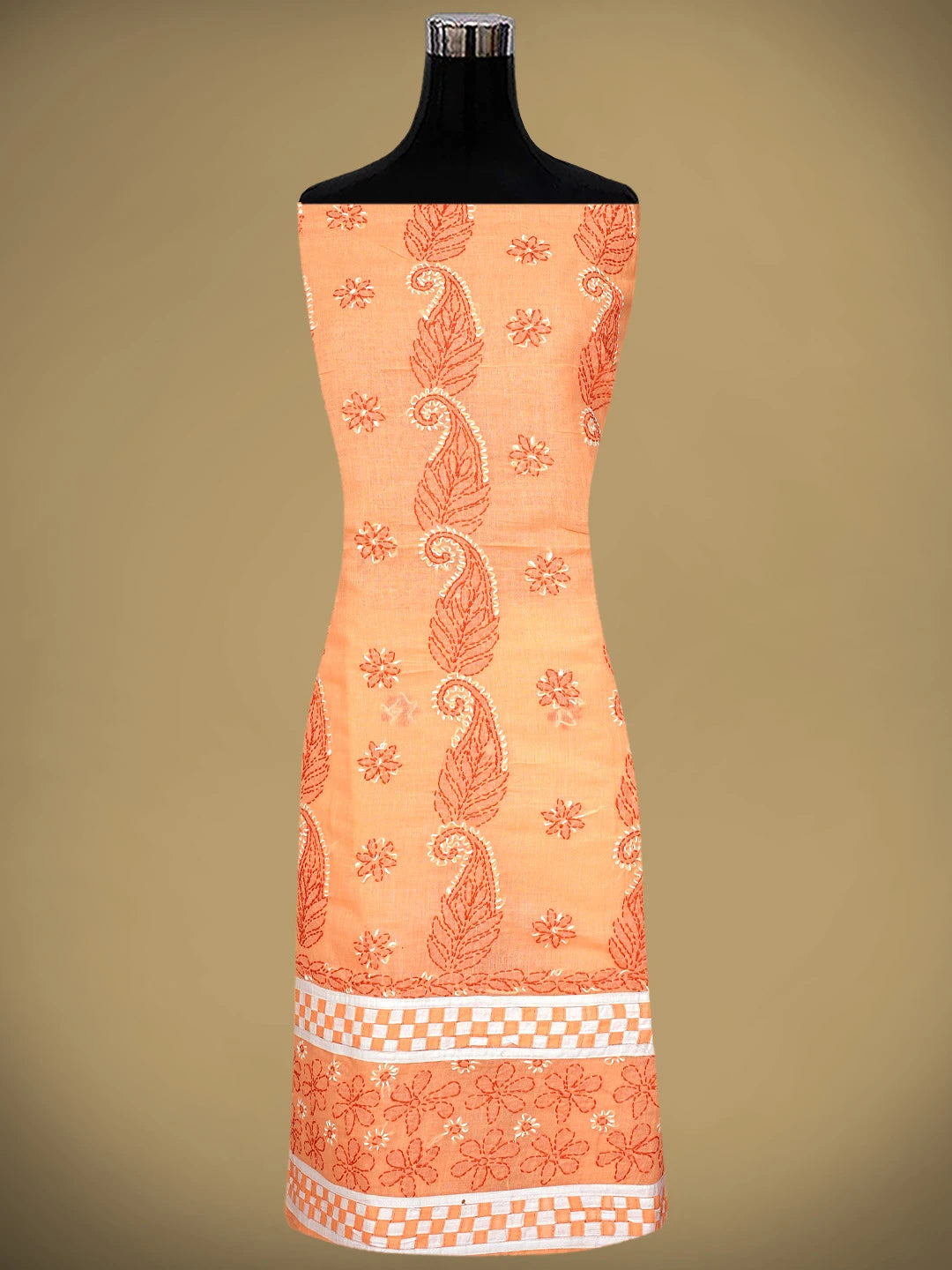 Ada Hand Embroidered Peach Cotton Lucknowi Chikankari Unstitched Suit Piece with Chiffon Dupatta 01A881490