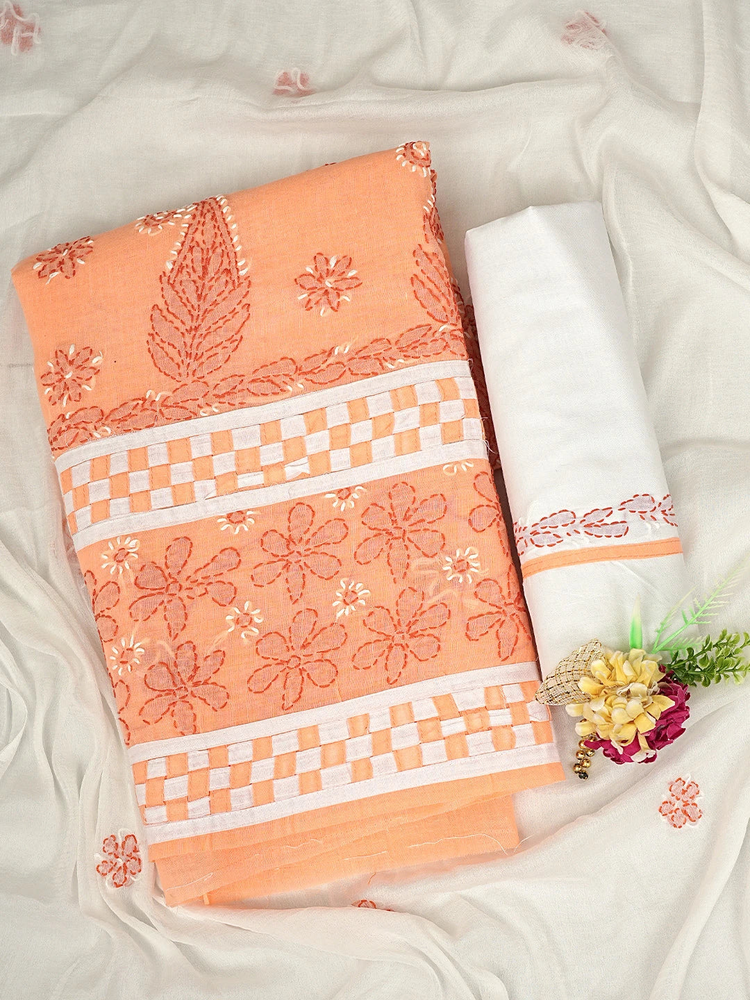 Ada Hand Embroidered Peach Cotton Lucknowi Chikankari Unstitched Suit Piece with Chiffon Dupatta 01A881490