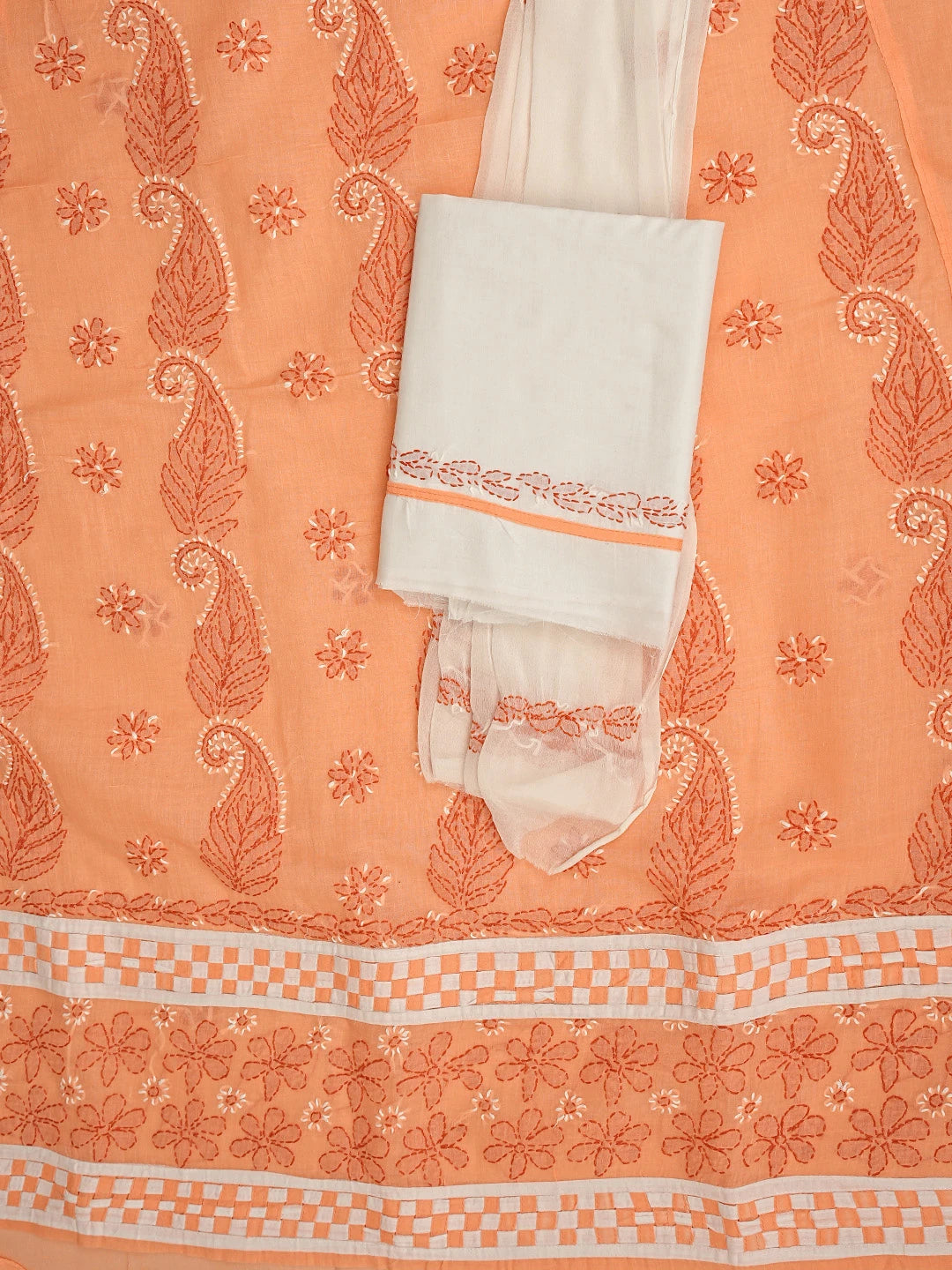 Ada Hand Embroidered Peach Cotton Lucknowi Chikankari Unstitched Suit Piece with Chiffon Dupatta 01A881490