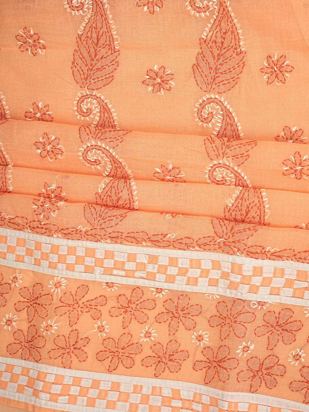 Ada Hand Embroidered Peach Cotton Lucknowi Chikankari Unstitched Suit Piece with Chiffon Dupatta 01A881490