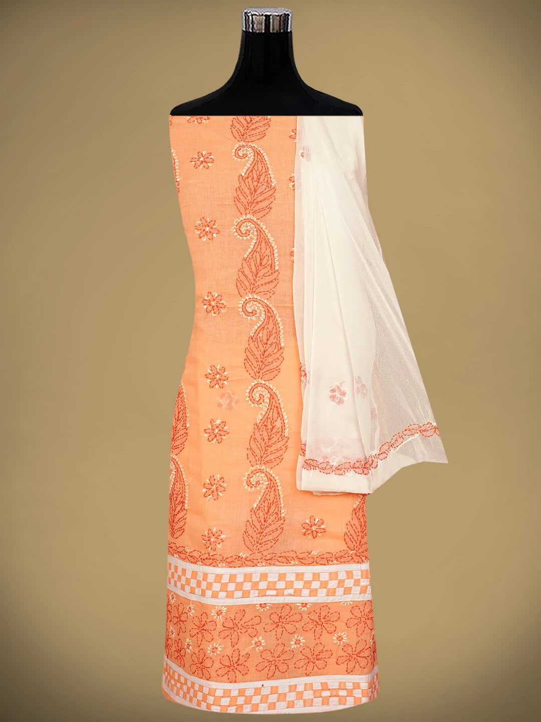 Ada Hand Embroidered Peach Cotton Lucknowi Chikankari Unstitched Suit Piece with Chiffon Dupatta 01A881490