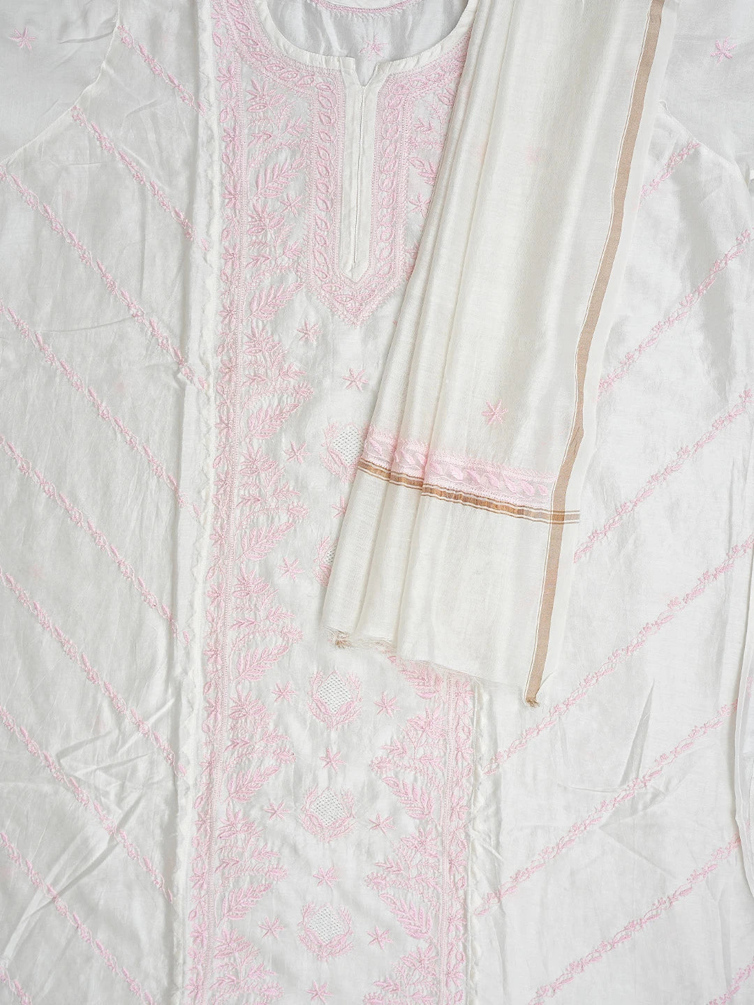 Ada Hand Embroidered White Chanderi Lucknowi Chikankari Semi-Stitched Kurta Dupatta Set 01A896730