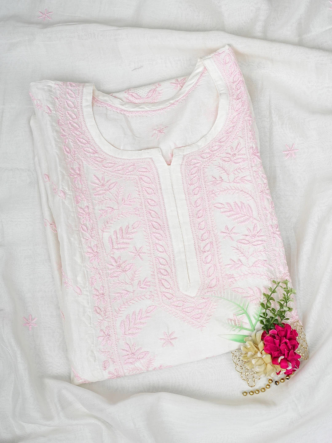 Ada Hand Embroidered White Chanderi Lucknowi Chikankari Semi-Stitched Kurta Dupatta Set 01A896730