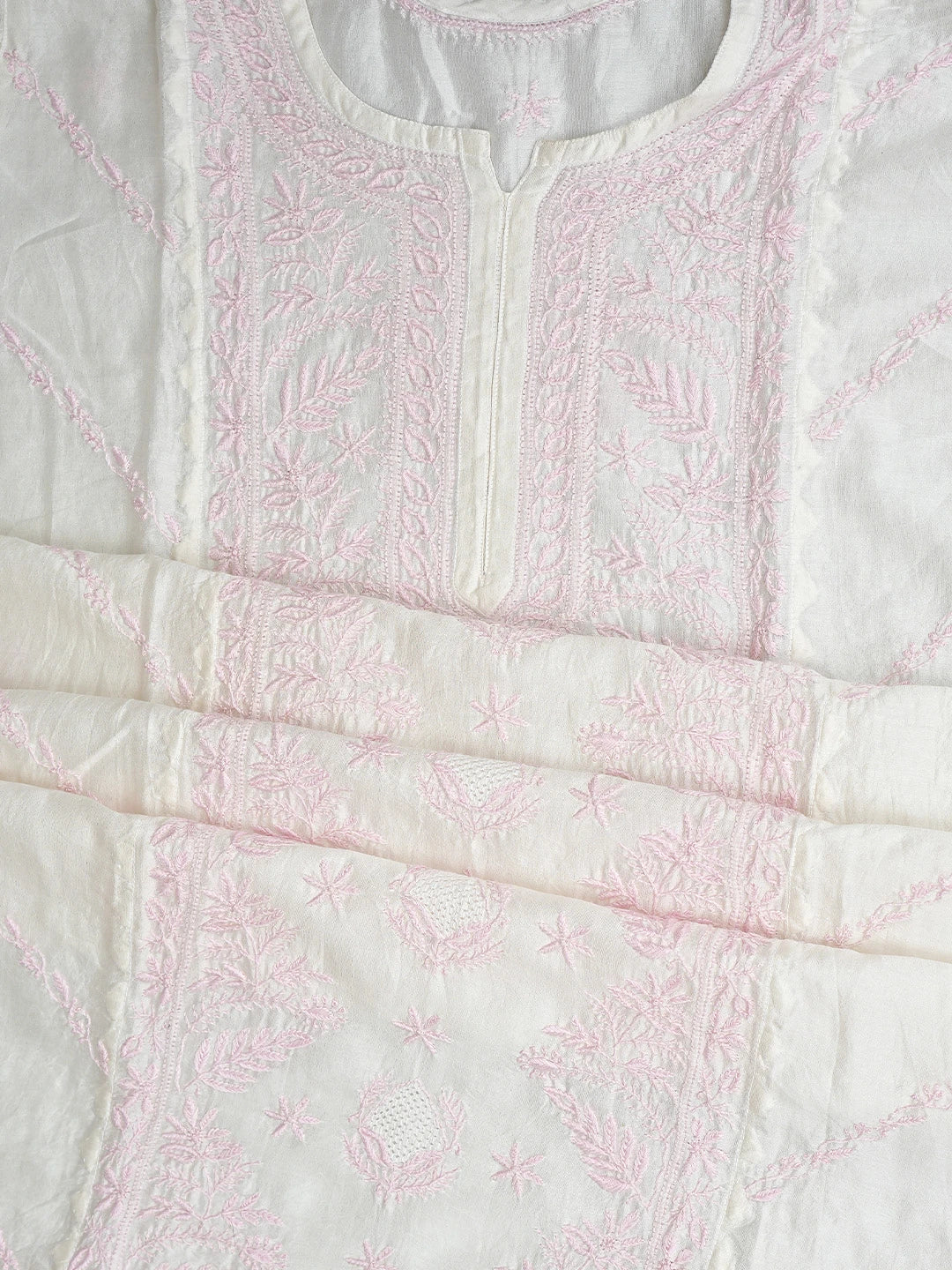 Ada Hand Embroidered White Chanderi Lucknowi Chikankari Semi-Stitched Kurta Dupatta Set 01A896730