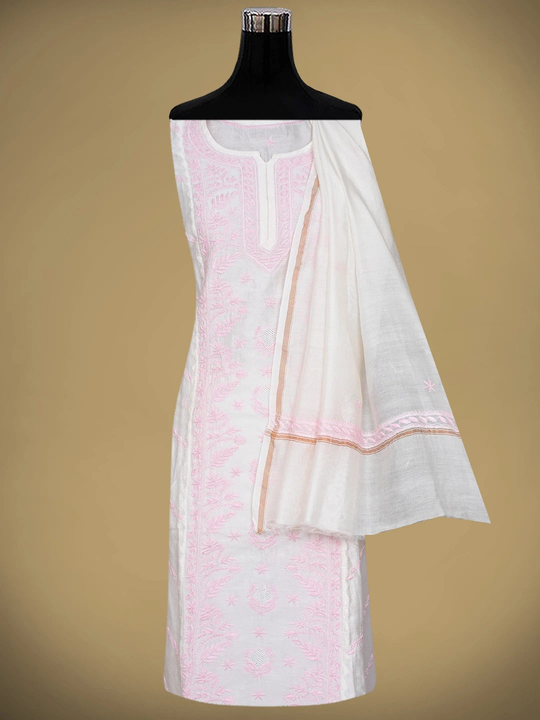 Ada Hand Embroidered White Chanderi Lucknowi Chikankari Semi-Stitched Kurta Dupatta Set 01A896730