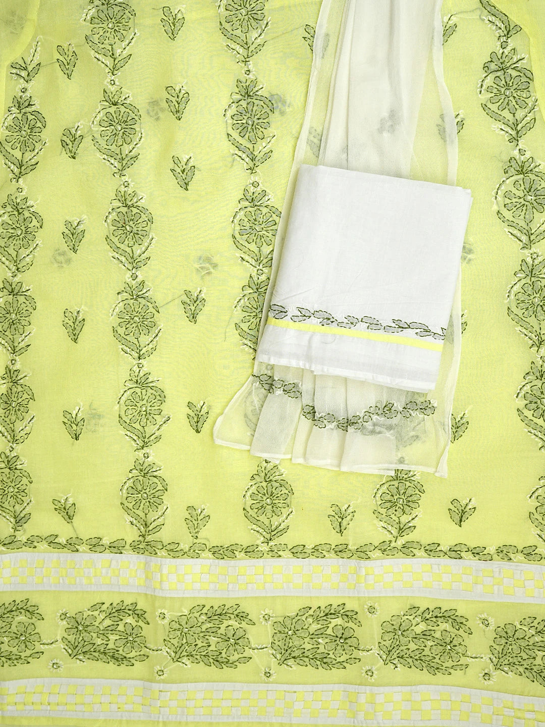 Ada Hand Embroidered Lemon Cotton Lucknowi Chikankari Unstitched Suit Piece with Chiffon Dupatta 01A880882