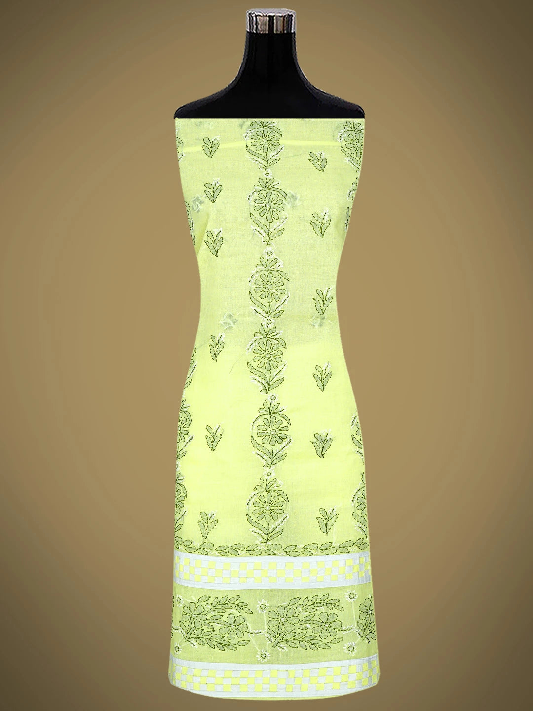 Ada Hand Embroidered Lemon Cotton Lucknowi Chikankari Unstitched Suit Piece with Chiffon Dupatta 01A880882
