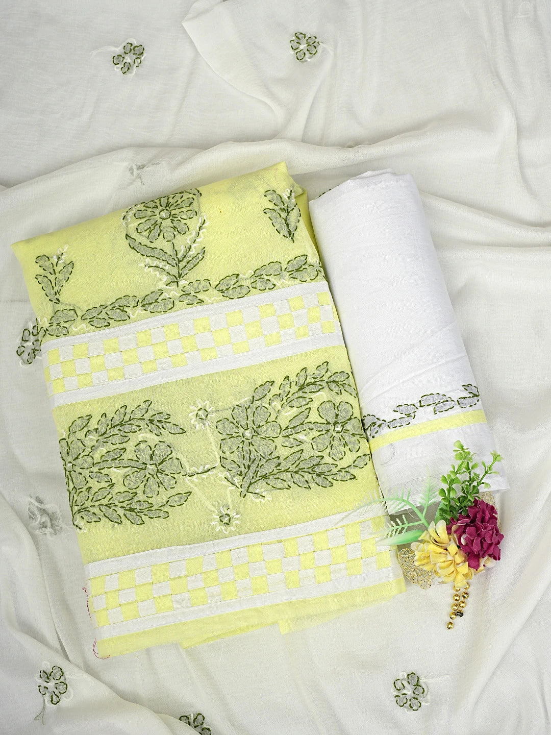 Ada Hand Embroidered Lemon Cotton Lucknowi Chikankari Unstitched Suit Piece with Chiffon Dupatta 01A880882