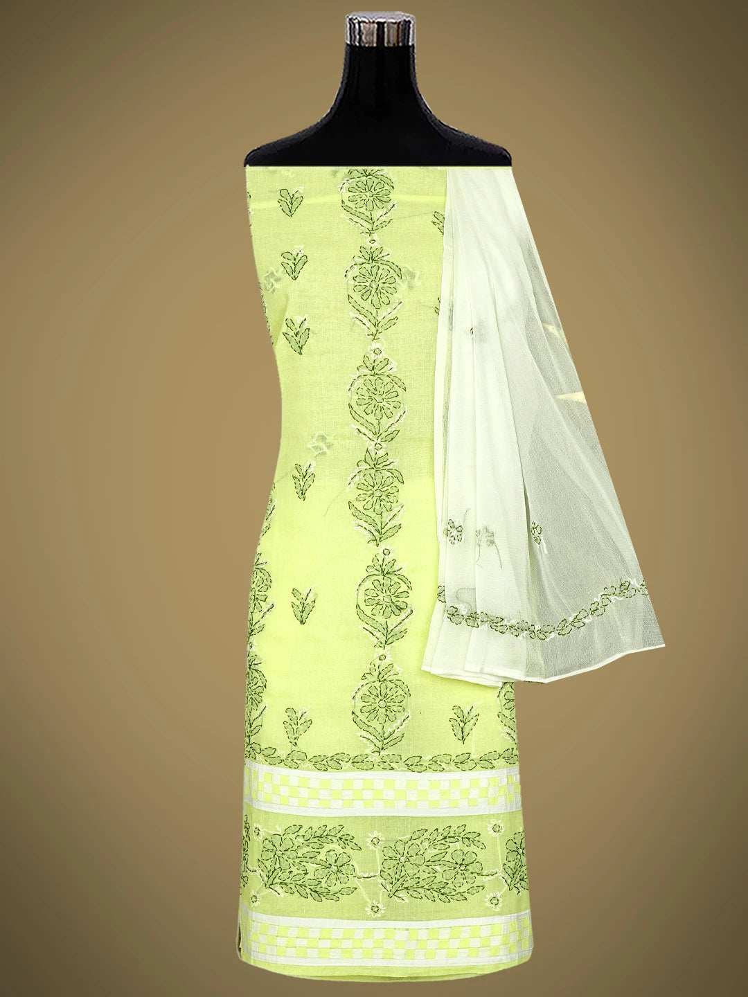 Ada Hand Embroidered Lemon Cotton Lucknowi Chikankari Unstitched Suit Piece with Chiffon Dupatta 01A880882