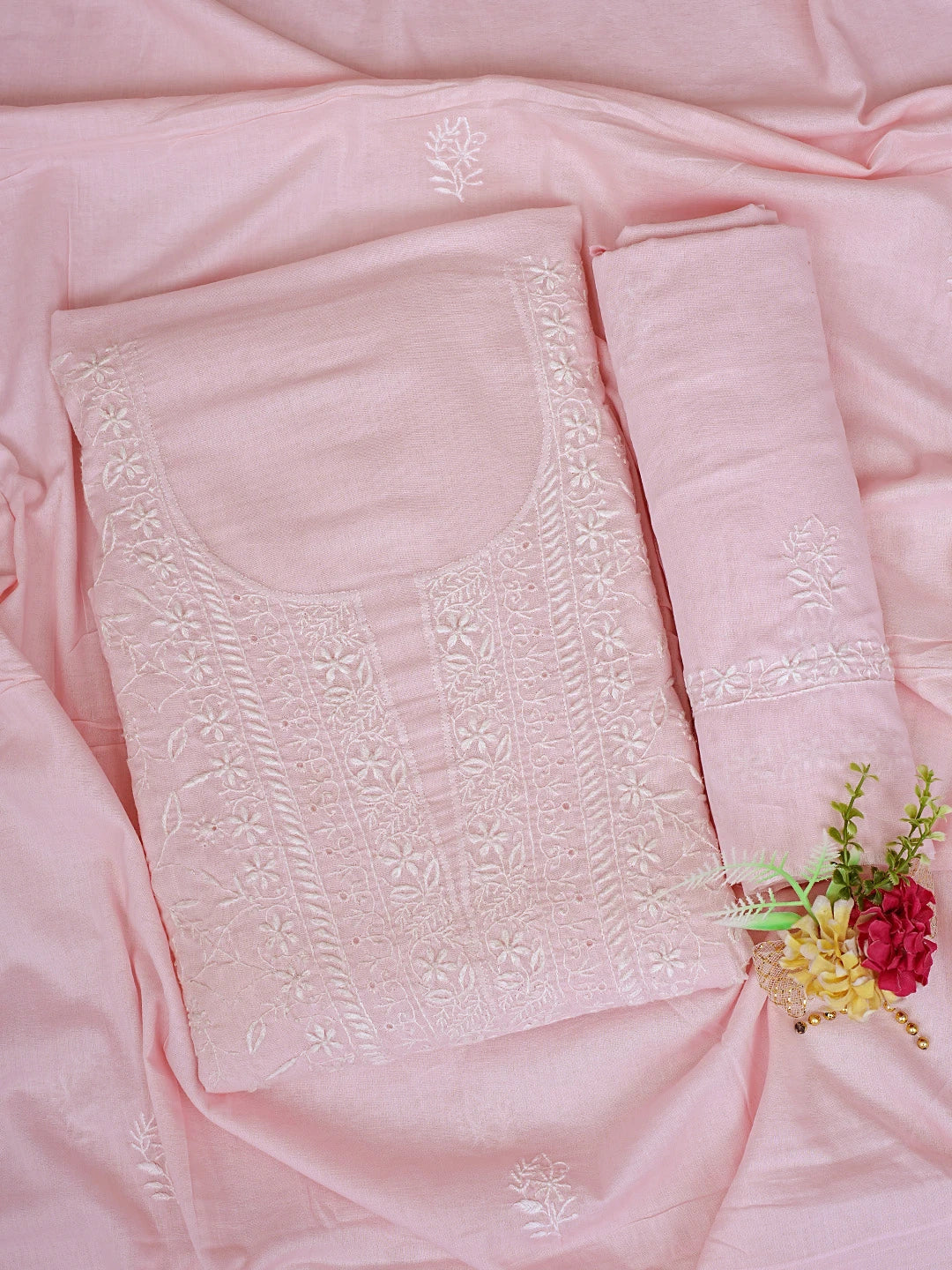 Ada Hand Embroidered Pink Cotton Lucknowi Chikankari Unstitched Suit Piece 01A334736
