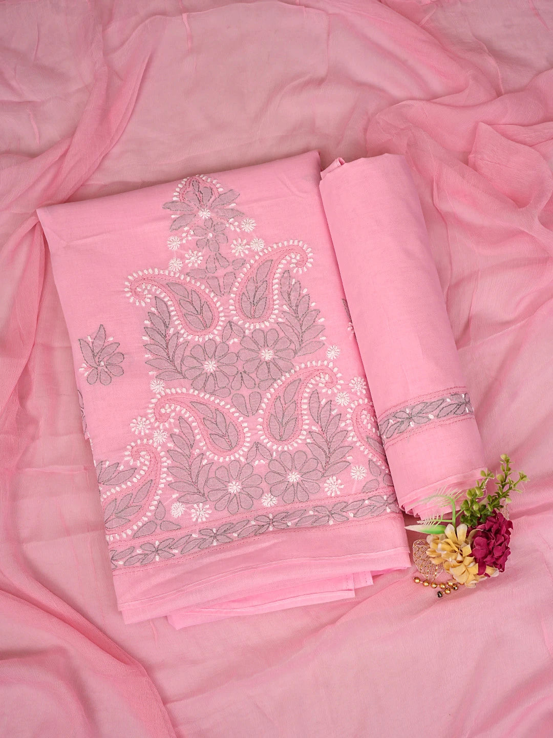 Ada Hand Embroidered Pink Cotton Lucknowi Chikankari Unstitched Suit Piece with Chiffon Dupatta 01A882314