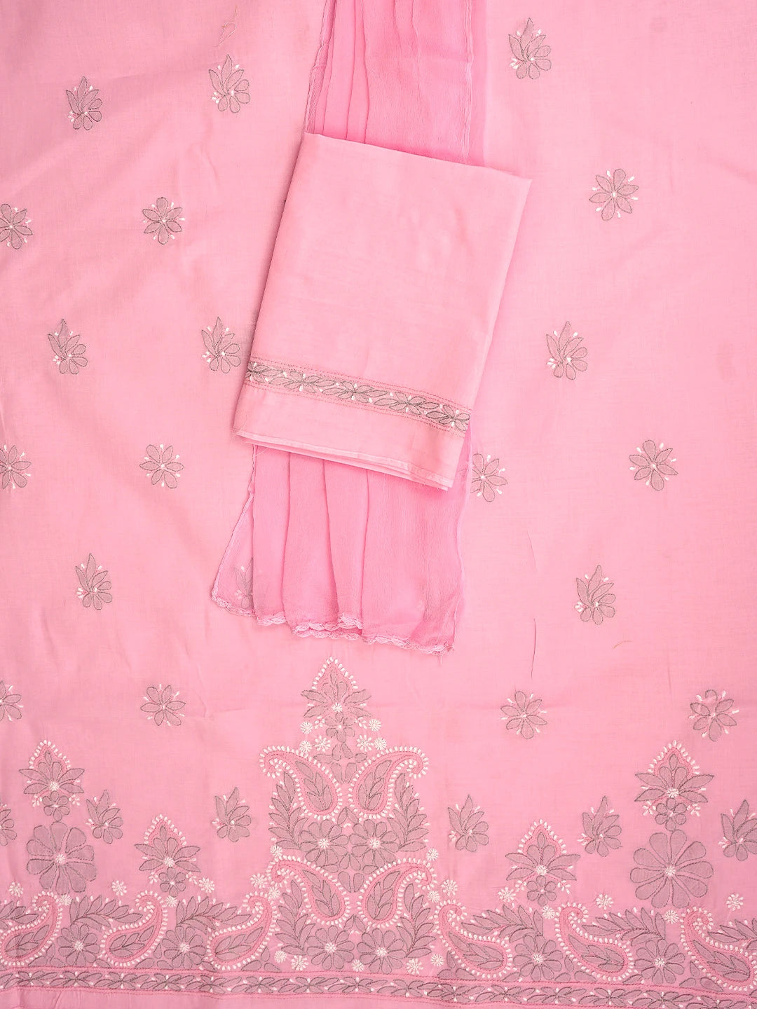 Ada Hand Embroidered Pink Cotton Lucknowi Chikankari Unstitched Suit Piece with Chiffon Dupatta 01A882314